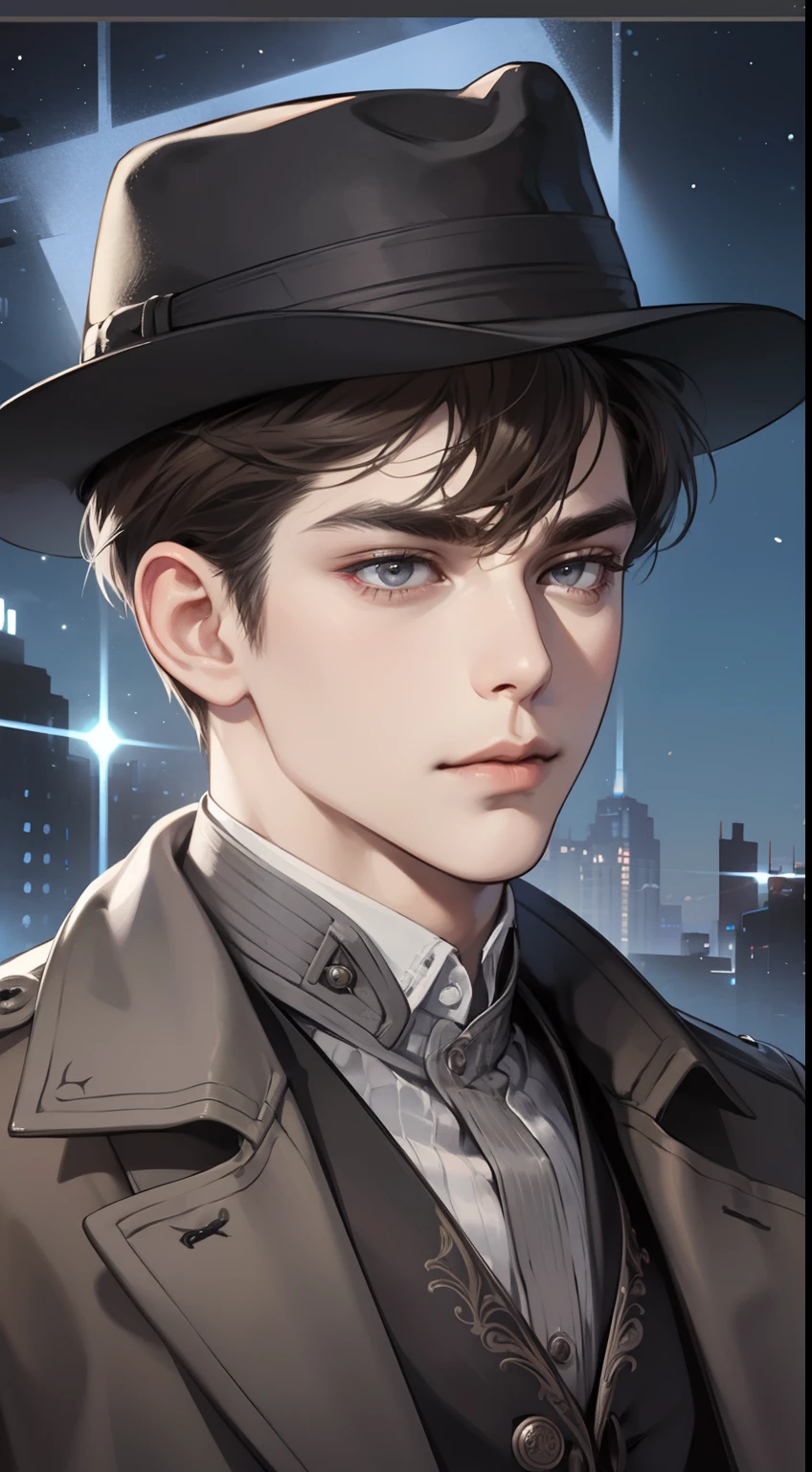 masterpiece, best quality, realistic, 1man, mature male, quiet and charming young man, 25 years old, close his eyes, serious look, extremely detailed face, ((dark grey eyes)), ((short-right-swept dark brown hair)), [thick eyebrows], detective, ((Dressed in a classic overcoat and fedora hat)), cinematic lighting, looking at the audience, posture dynamics, Victorian era, (cold color tone), night sky