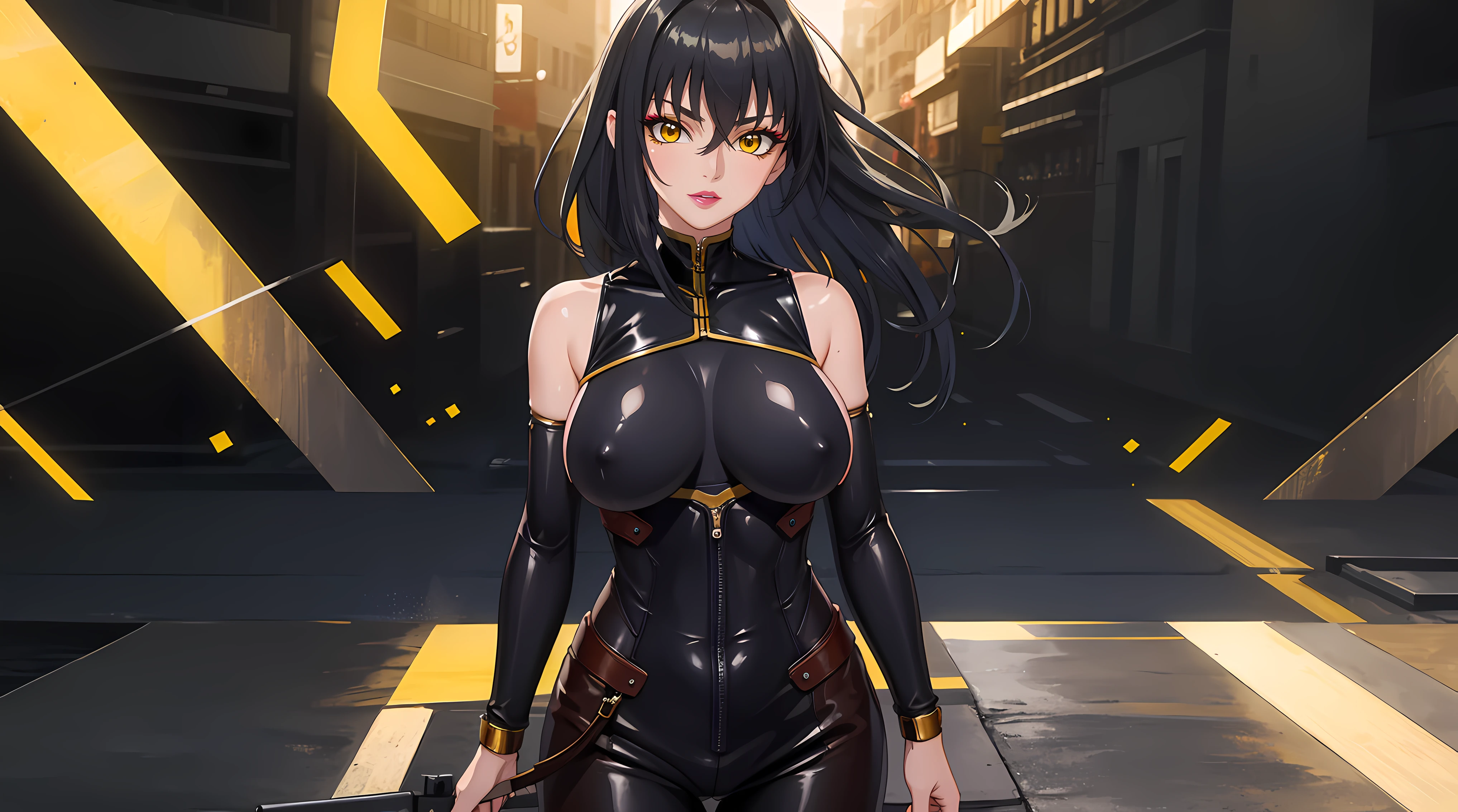 (masterpiece:1.4),(best quality:1.4), soft lighting, cinematic bloom, beautiful face, beautiful eyes, cowboy shot,
Annerose, 1girl, solo, female mature, black hair, long hair, (yellow eyes:1.4), large breasts, bodysuit, higheels, shiny clothes, skin tight, hair intakes, covered breasts, sideboob, exquisite eyes detail, exquisite character design unity details 8k hdr, professional art, landscape, (solo:1.5, cowboy shot:1.5)