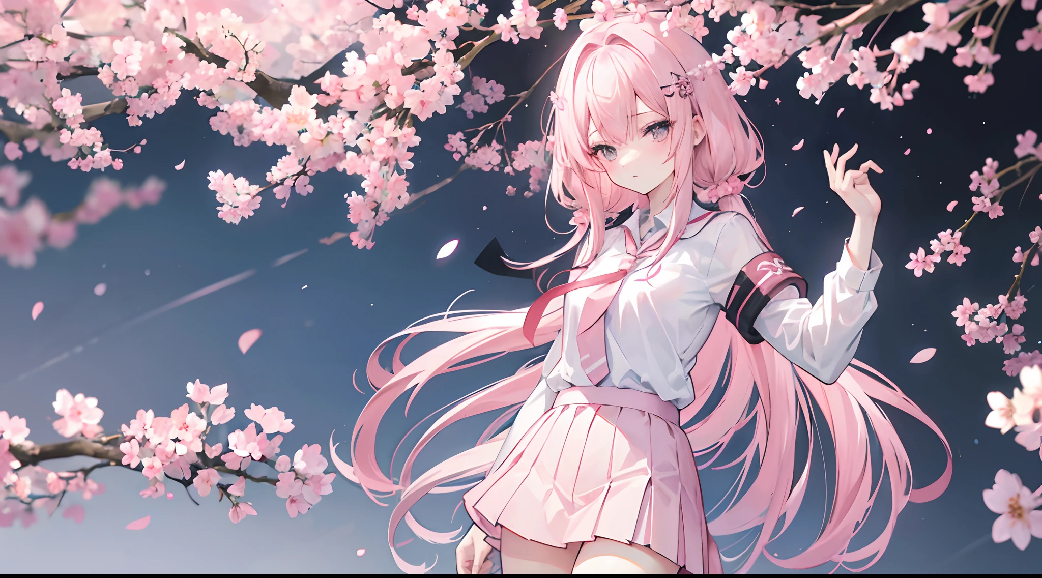 Two-dimensional anime wallpaper,Long pale pink hair,,Cherry blossom hair accessories,girl,White short-sleeved tie-style school uniform,The arm is wrapped in a bandage,Light gray miniskirt,Black panty,Bandages wrapped around his head,Medium build,The hair is somewhat messy,With a dull expression