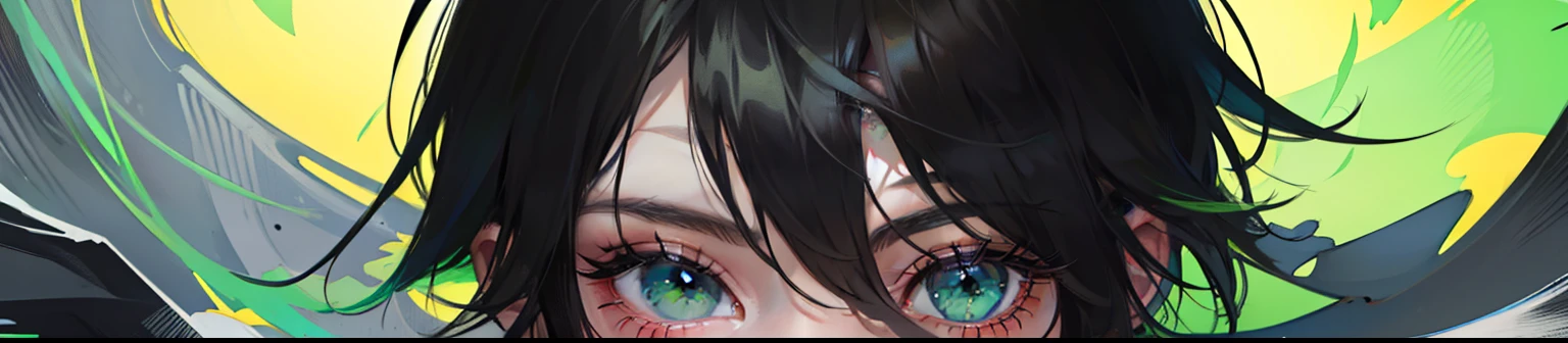 1boy, boy, Eyes only, Drawing the eyes, focus on eyes, lime eyes, bright green eyes, neon eyes, bright green eyes, black eyelashes, black eyebrows, wide eyes, Black bangs, black hair, short hair, It's nothing, except for the eyes, eyes focus, in dark, yuichiro hyakuya