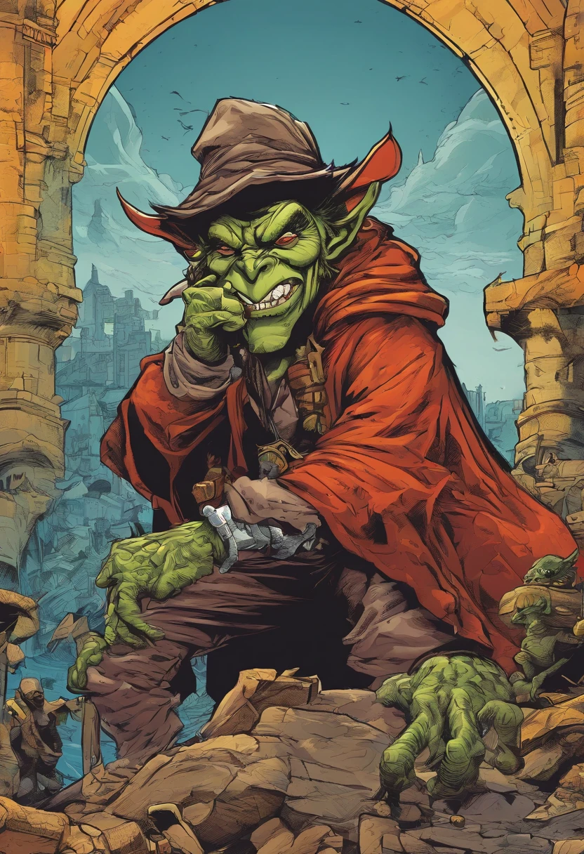 1 small goblin, (((soil))), (short stature, small size, lean body, skinny, bulging yellow eyes, mischievous smile, green skin, cartoonish face, bald, bald, thick eyebrows, black beard, thick sideburns, green skin: 1.20), (wears a fedora hat, wears a brown leather overcoat, white linen shirt), full body, (smoking cigar: 1.40), (large, pointed nose: 1.30), he is a rogue goblin,  is walking in a dirty, dark alley