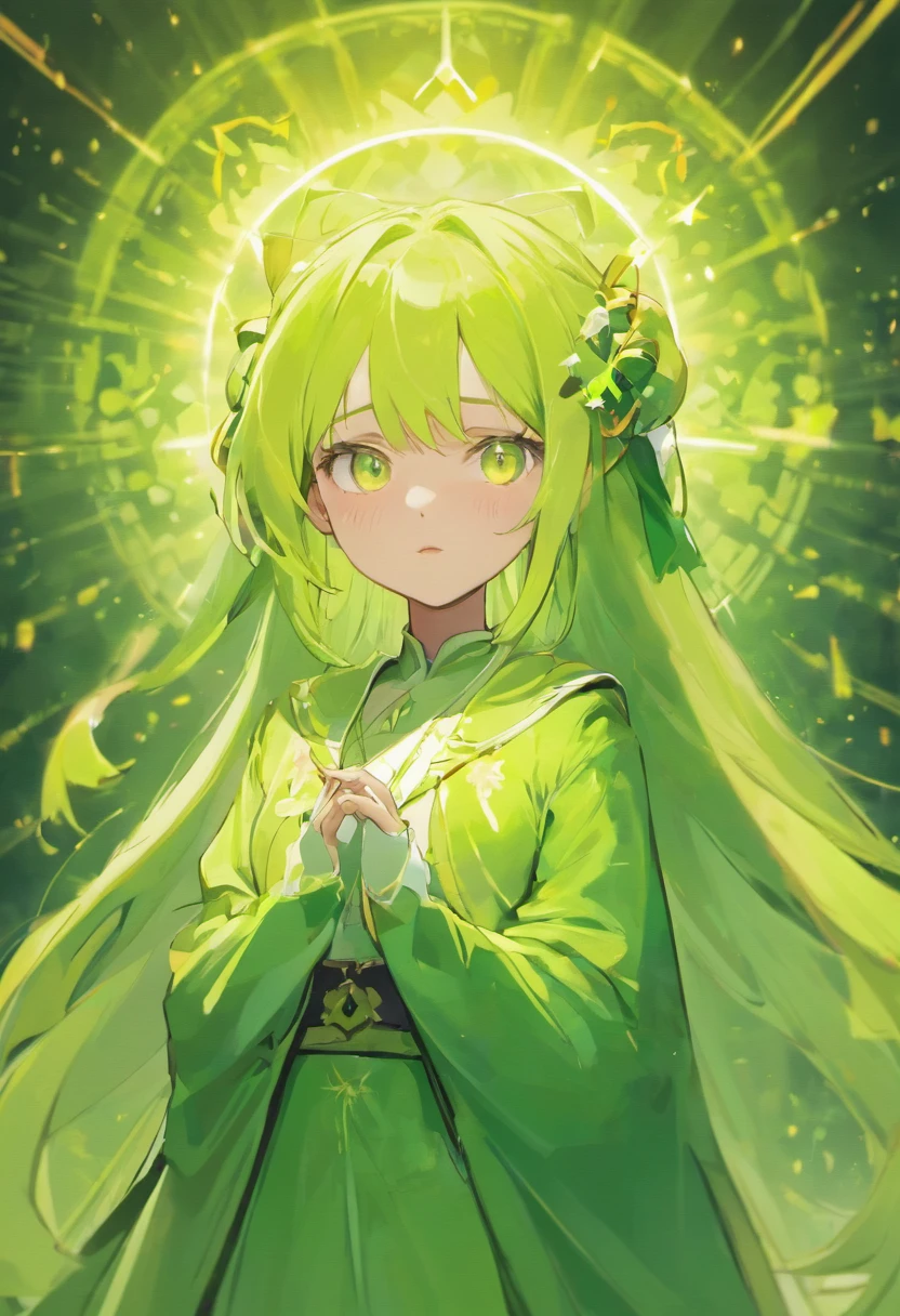 {{Best quality}}, {{Masterpiece}}, {{super ultra detail}}, {{illustration}}, {{Detailed light}}, one-girl，Lime yellow hair，O cabelo multicolorido, Turquoise eyes, Loli style,( beast ear)，The robes of the priests，green color，(Dynamic lighting:1.2)，