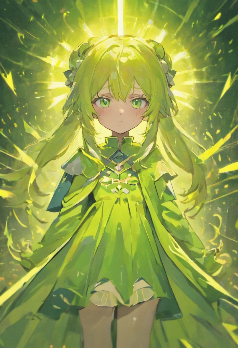 {{Best quality}}, {{Masterpiece}}, {{super ultra detail}}, {{illustration}}, {{Detailed light}}, one-girl,Lime yellow hair,O cabelo multicolorido, Turquoise eyes, style,( beast ear),The robes of the priests,green color,(Dynamic lighting:1.2),