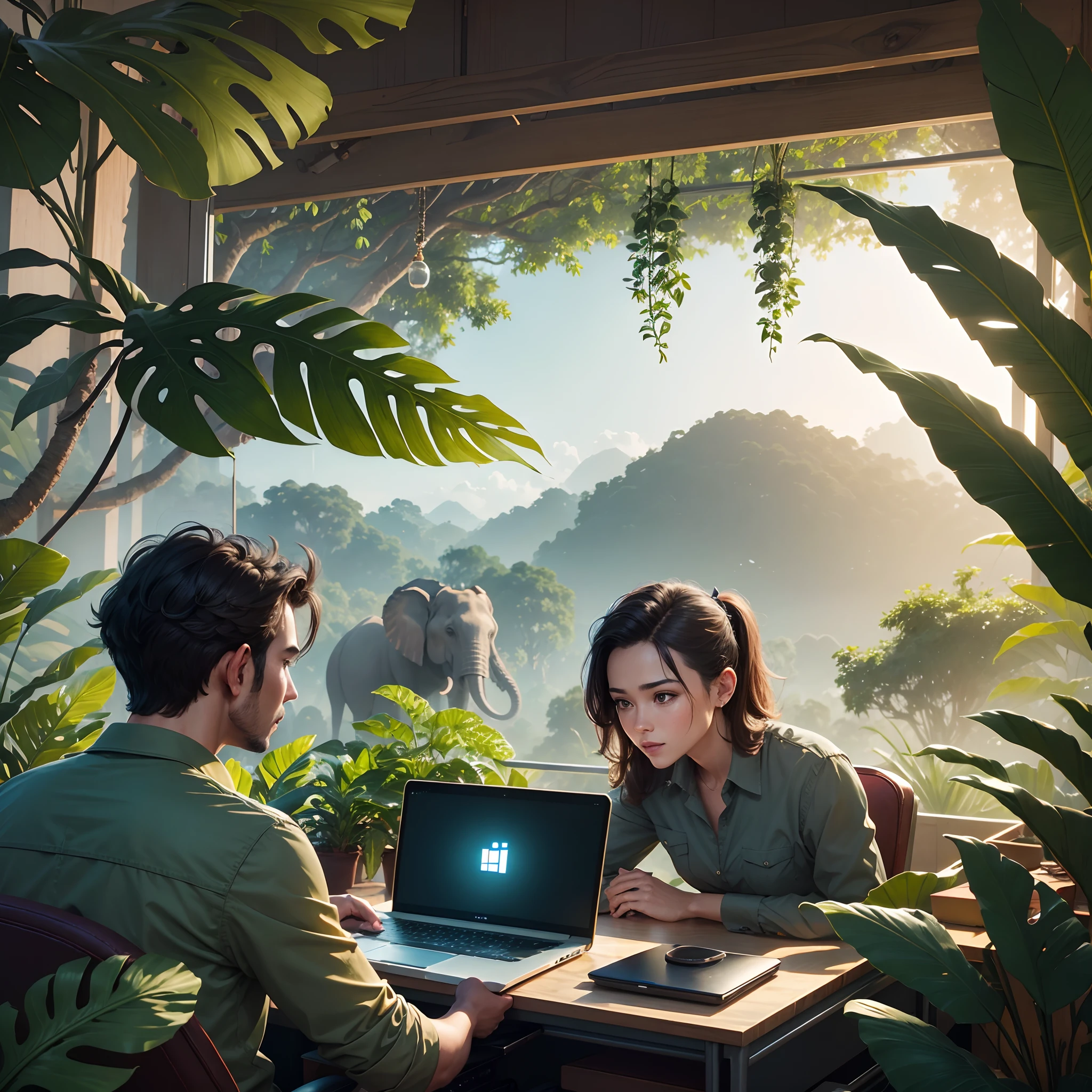 Office project team in a office attair working on a laptop in jungle, elephants are behind, 8k, micro detail, illustration, instinct elegance