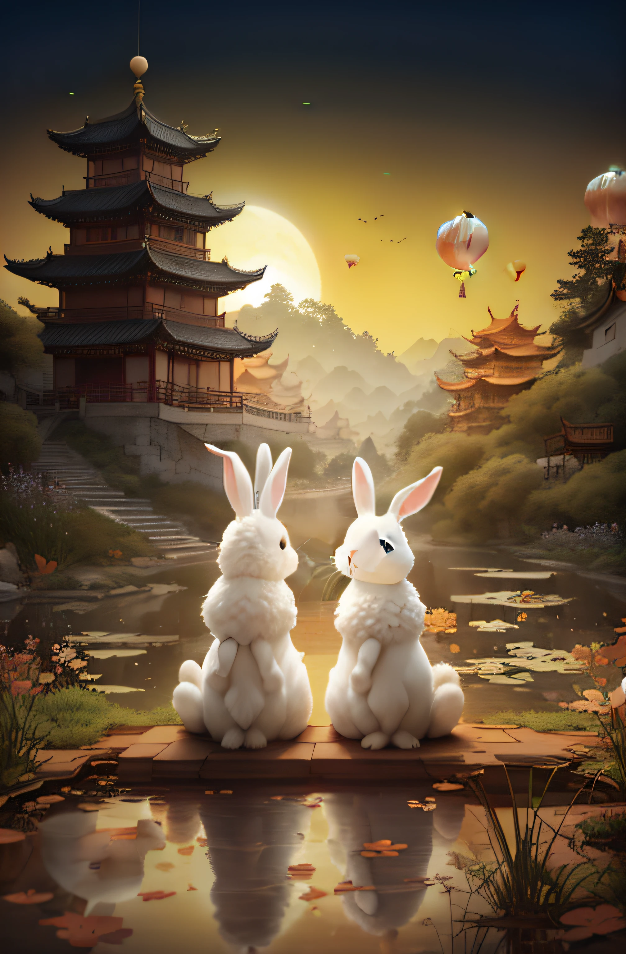 There are two rabbits sitting on the ground near the pond, A beautiful artwork illustration, 4K 8K, 4 k 8 k, 8K, 8 k'', 8 k 4 k, 8K 4K, highly detailed scenario, 8 K cartoon illustration, Cute detailed digital art, 4 k hd wallpaper illustration, dreamy Chinese towns, High quality detailed art in 8K