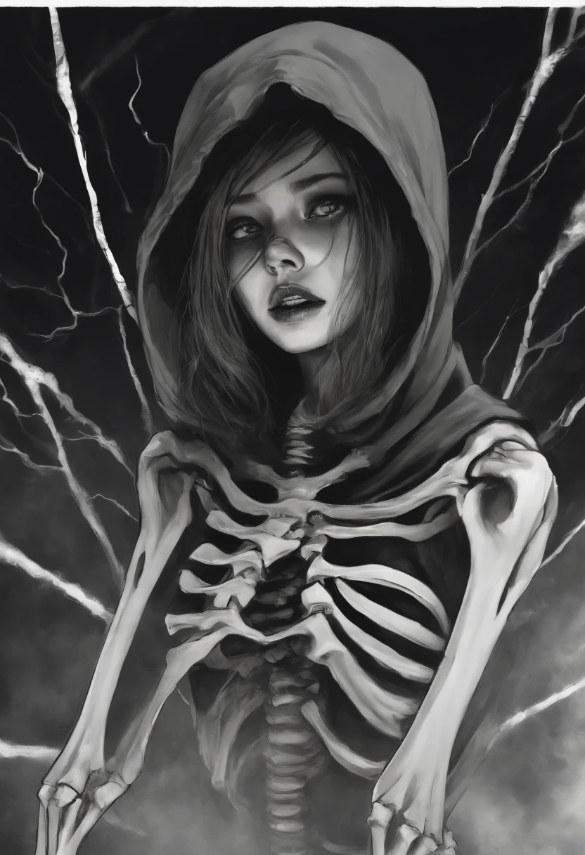 A girl in a western style hood with tears of blood and a closed mouth(scared eyes 0.5),pov,(body horror),tentacles,(skeleton0.5),,tears, panic, horror, broken, distorted, sky, fog, smoke, shadow creatures, Junji Ito, masterpiece, ultra high res, high quality, cinematic lighting,,(((Charcoal drawing)))