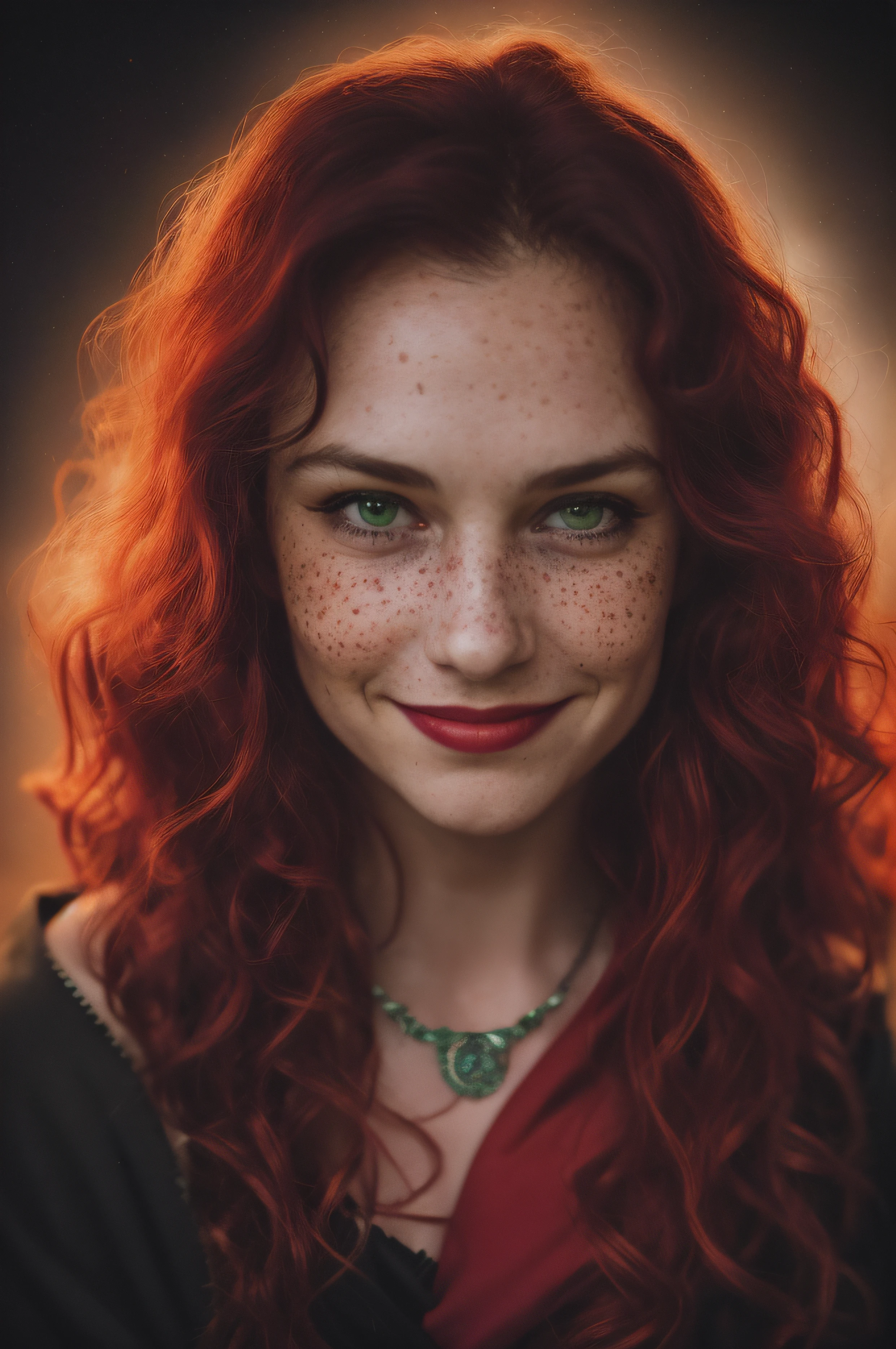 (close-up, editorial photograph of a 40 year old woman), (highly detailed face:1.4) (smile:0.7) (background inside dark, moody, private study:1.3) POV, by lee jeffries, nikon d850, film stock photograph ,4 kodak portra 400 ,camera f1.6 lens ,rich colors, hyper realistic ,lifelike texture, dramatic lighting , cinestill 800, wavy hair, messy hair, curls, malicious smile, mischeveous smile, evil smile, red hair, freckles, green eyes, white skin, jewels, necklace, thelema, Lilith, Babalon, scarlet woman, masterpiece, blood red cloak with stars, cloak made of night sky, witchcraft, blood red moon