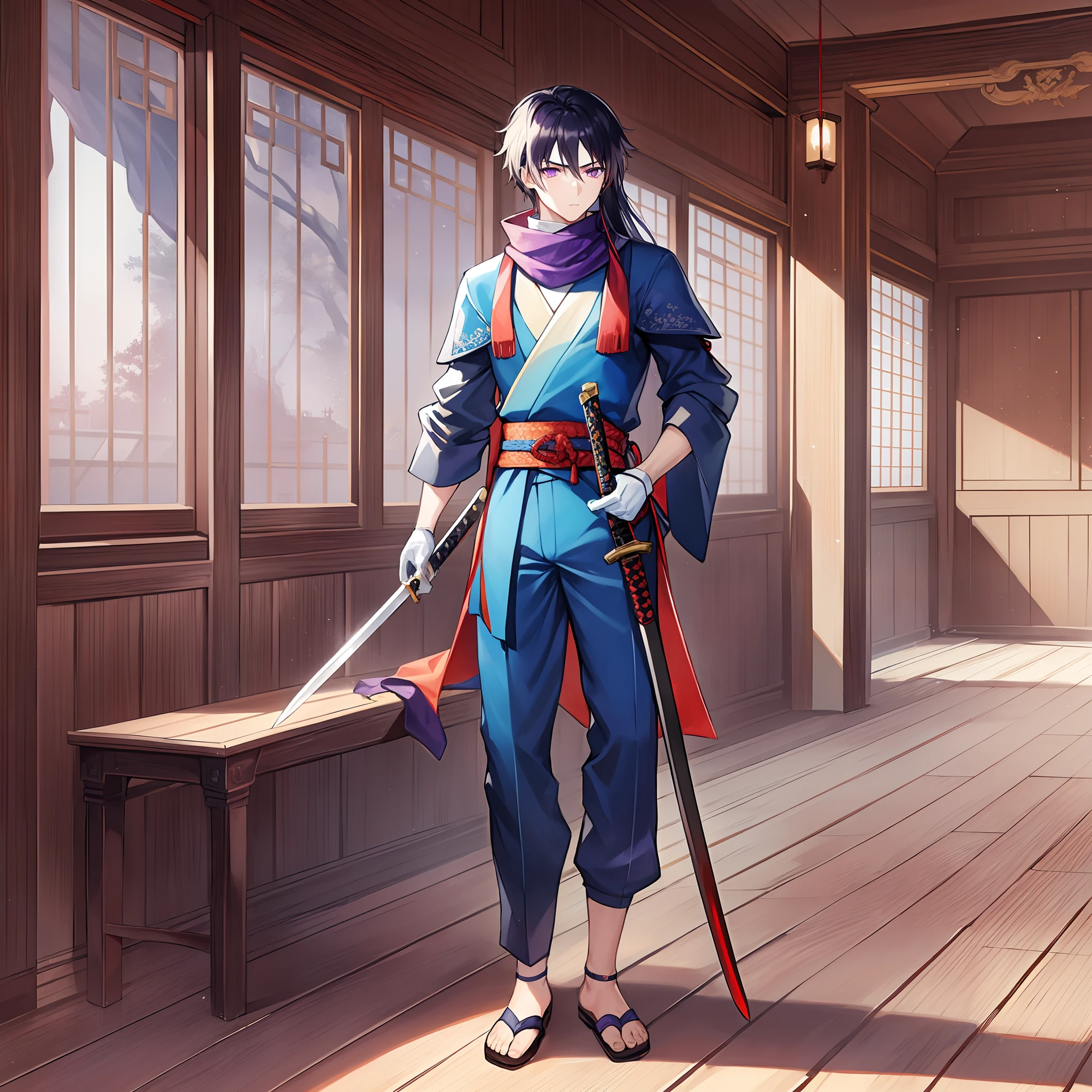 1 boy, young man, black hair, long hair, purple eyes, white skin, serious look. Ronin suit, samurai suit, orange scarf, dark blue pants, dark blue gloves, blue belt. Accesories, 2 swords, swords in their scabbard, red and black scabbard. Scenery, nice dojo room