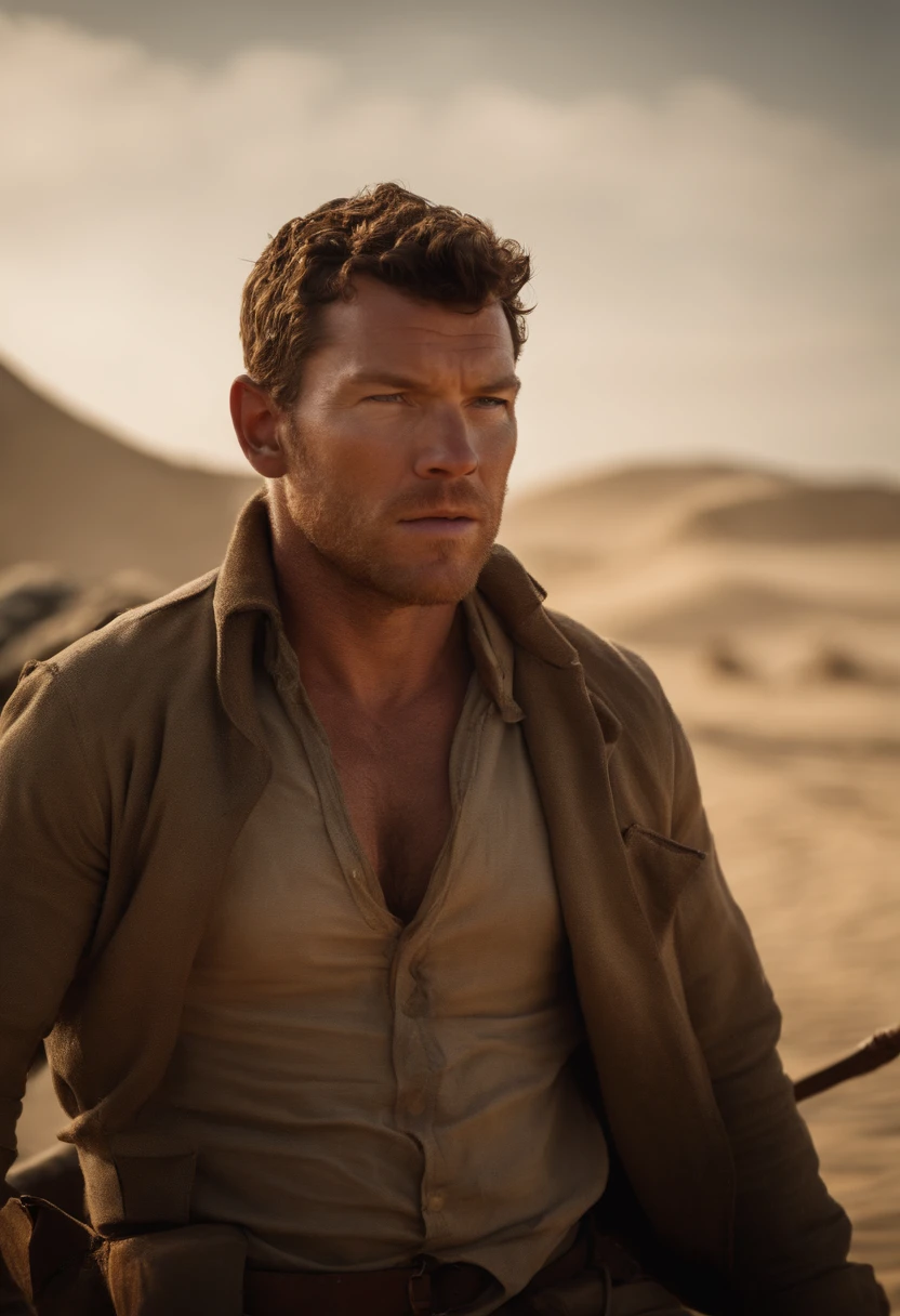 O ator Sam Worthington. Atracando em um barco.em uma ilha deserta. Ele esta de espada e vestes antiga