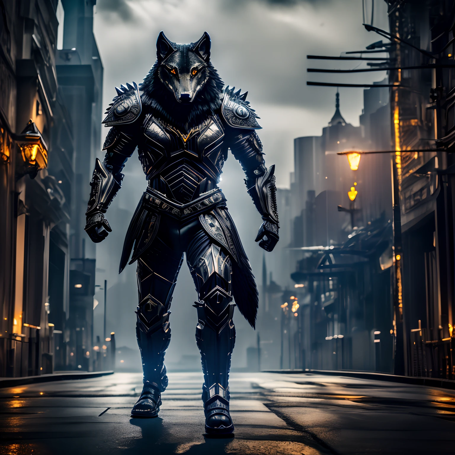 top-quality, Dramatic Lighting, menacing pose, fierce look, epic atmosphere, (((Helmet in the shape of a wolf's head))), (((Full body shot))),Wolves made of metal, cyborgs, Cyberpunk style, Clockwork, ((Intricate details)), nffsw, ((Intricate details, hyperdetails)), incandescent lamps, cinematic shot, Vignette, bokeh effect beckground, (dogy), (Full body shot).