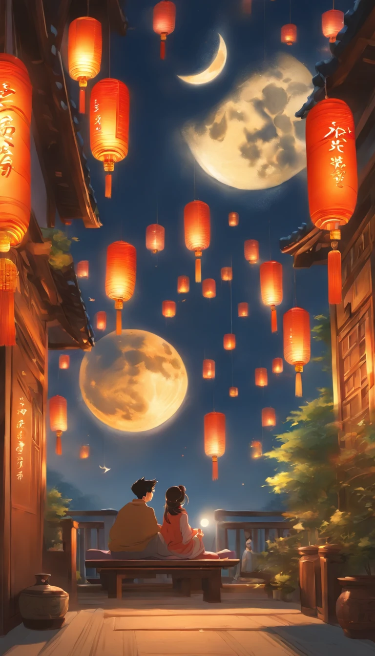The family sits together, Enjoy a festive dinner, Surrounded by a warm and comfortable atmosphere. The room was beautifully decorated，Equipped with lanterns, Symbolizes the joy of the Mid-Autumn Festival. The table is filled with a variety of delicacies, Includes traditional mooncakes. Moonlight shone through the windows, Cast a soft glow on everyone's face. The family laughed and chatted, Express their love and happiness on this special occasion. The artwork is created with the finest materials, Such as oil painting or high-resolution digital rendering, Ensure the highest quality and detail. The colors are vivid and vibrant, Create visually stunning representations for holiday celebrations. Well-designed lighting, Focus on capturing the warm and tranquil atmosphere of the evening. The artwork is a masterpiece, With ultra-fine elements and realism, Photorealistic style. The moon in the night sky is depicted as a perfect circle, Represents the full moon of the Mid-Autumn Festival. The scene was full of fun, Love, and togetherness, Capture the essence of the festival.You can see the round moon hanging high