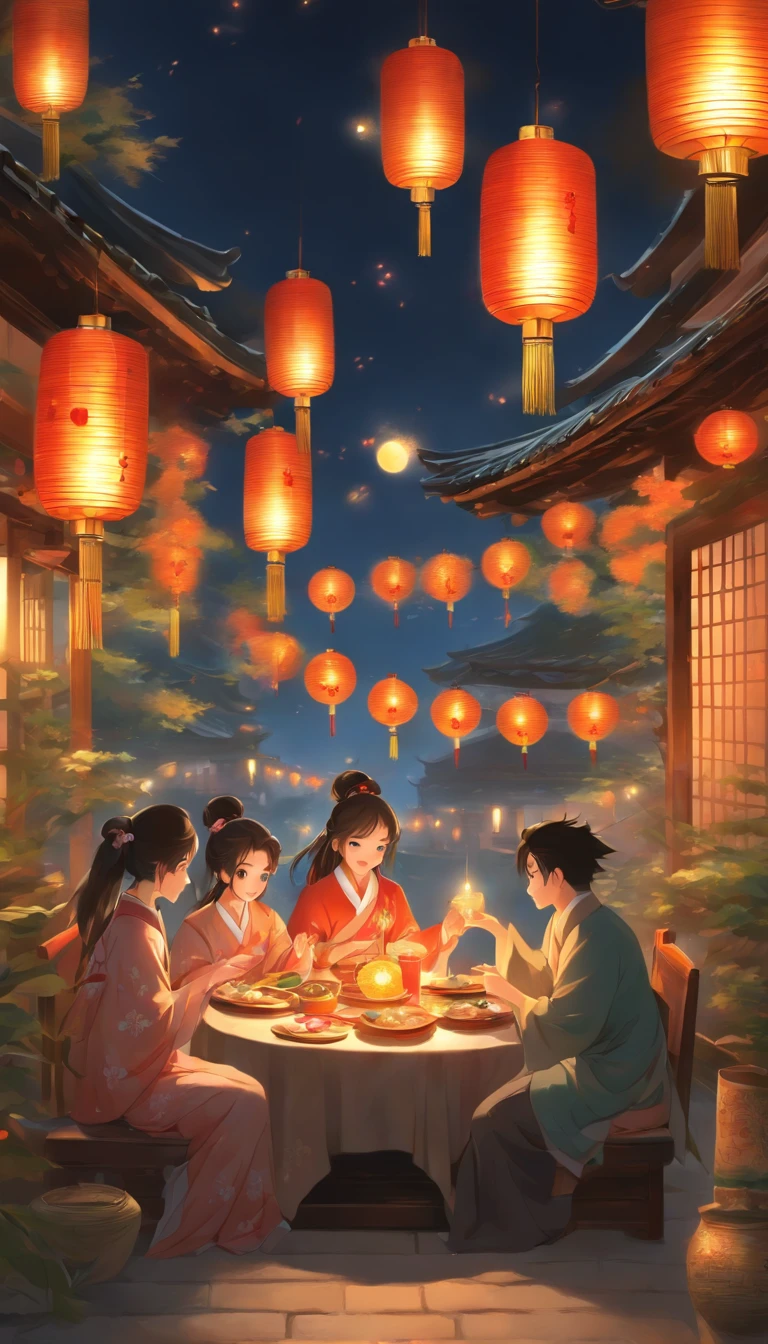 The family sits together, Enjoy a festive dinner, Surrounded by a warm and comfortable atmosphere. The room was beautifully decorated,Equipped with lanterns, Symbolizes the joy of the Mid-Autumn Festival. The table is filled with a variety of delicacies, Includes traditional mooncakes. Moonlight shone through the windows, Cast a soft glow on everyone's face. The family laughed and chatted, Express their love and happiness on this special occasion. The artwork is created with the finest materials, Such as oil painting or high-resolution digital rendering, Ensure the highest quality and detail. The colors are vivid and vibrant, Create visually stunning representations for holiday celebrations. Well-designed lighting, Focus on capturing the warm and tranquil atmosphere of the evening. The artwork is a masterpiece, With ultra-fine elements and realism, Photorealistic style. The moon in the night sky is depicted as a perfect circle, Represents the full moon of the Mid-Autumn Festival. The scene was full of fun, Love, and togetherness, Capture the essence of the festival.You can see the round moon hanging high
