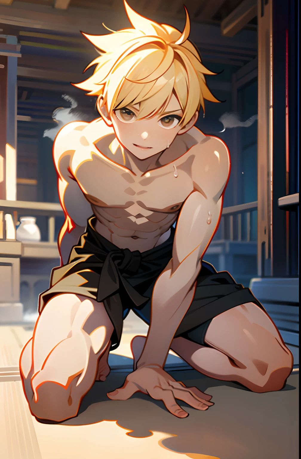 masterpiece, best quality, high quality,  1boy,, , duo, male focus, full body, looking at viewer, light yellow hair, brown eye,spiky hairstyle, short hair, steam smork, japan style,  anime coloring, shy, home muji style, detailed face, topless, white towel on waist,white silk, outdoor, sweat, open legs, kissing