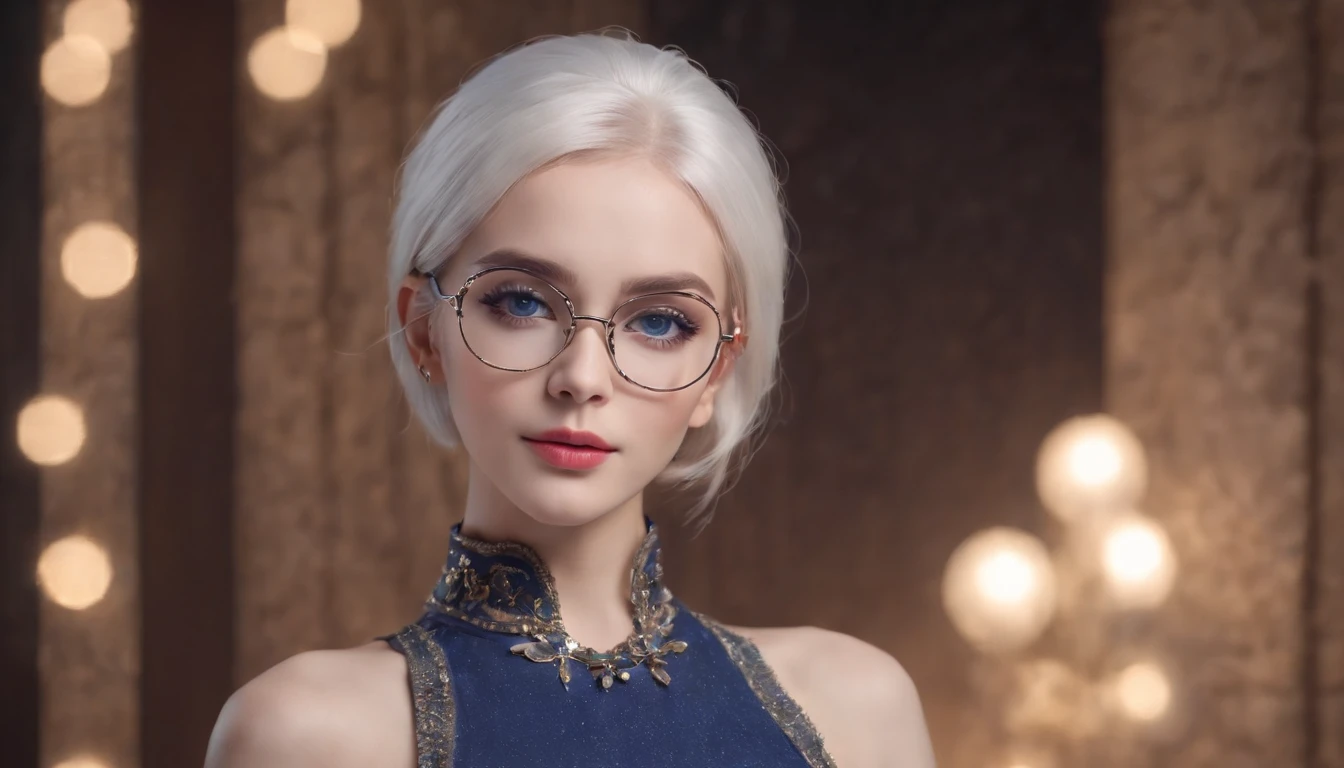 (solo_female), sexy pose, dominating, sensual, elegance, and grace, looking at the camera, portrait, (Gorgeous young women), (italian girl with short hair:1.5), stunningly beautiful realistic face, scarlet lips, natural smile, (happy:1.2), (separated lips, open mouth), (highly detailed skin:1.5), sexy, glowing eyes, perfect face, beautiful and aesthetic, (white hair:1.5), (blue eyes:1.8), (wearing black square glasses:1.5), (her elaborate hairstyle accented with delicate ornaments:1.5), (silver necklace:1.2), (very tanned skin:1.5), (dystopian gothic style:1.5), (crop top:1.5), turtleneck, background is a fantasy world, action packed background, glitter, amazing art, colorful, perspective effect, dynamic scene, bokeh, black background, (8k, masterpiece, best_quality:1.5), (intricate details:1.2), ultra_detailed, dramatic lightning, (night time:1.5), depth of field, immersive background, raw photo, 50mm, f/1.4, rimlight, soft shadows, (pastel colors:1.5), (extreme close-up:1.5), (face shot:1.5), (bilateral symmetry:1.5)