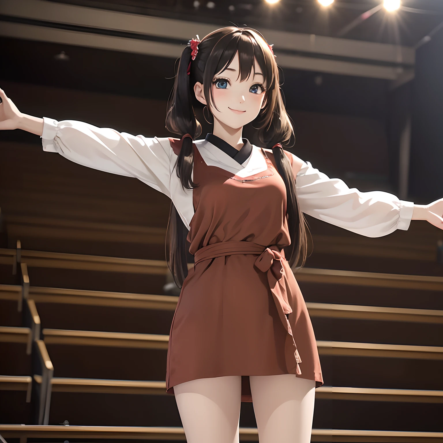 1girl ,dancing, wear glasses , upskirt , White T-Shirt , Orange skirt , Cheer girl , big breasts , swet , nipple , full body , from below , twintail hair