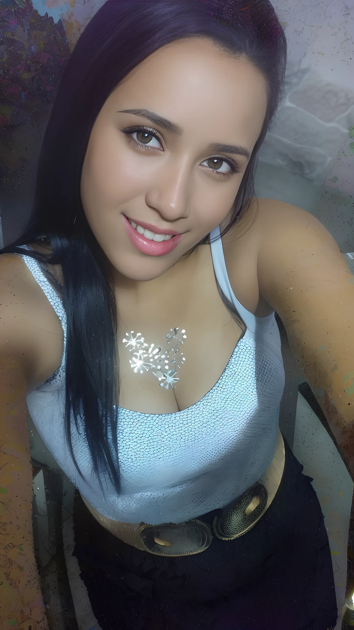 There is a woman in a white top and black skirt posing for a photo, bonitol, lindo rosto latino, Alanis Guillen, mulher mexicana bronzeada bonita, com pele parda, Parece Laura Barriales, bonito, pele bronzeada), olhar bonito, imagem de perfil, foto selfie, com um lindo sorriso, wearing shiny breastplate