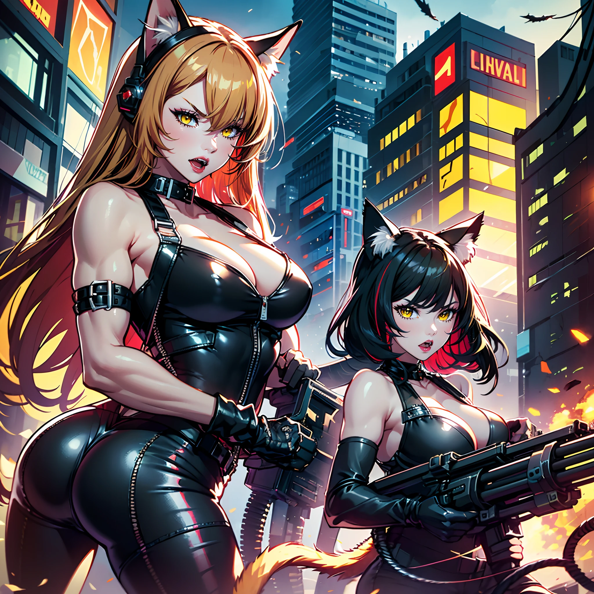 (masterpiece, top quality, best quality, highly detailed:1.2), 2girls, photo of two sexy muscular catgirls shooting demons with futuristic gatling guns that shoot lasers, city streets, yellow sky, rubble, fire, outdoors, standing, black leather pants, black high-heeled combat boots, red sleevless biker jacket, black fingerless gloves, white tank top, cleavage, no bra, angry, screaming, golden cat bell collar, bullet belt, red lipstick, black shoulder-length hair, red long hair, black cat ears, red cat ears, black cat tail, red cat tail, yellow cat eyes, cat claws, (muscles), (brown skin tone), gatling guns, demons, sci-fi
