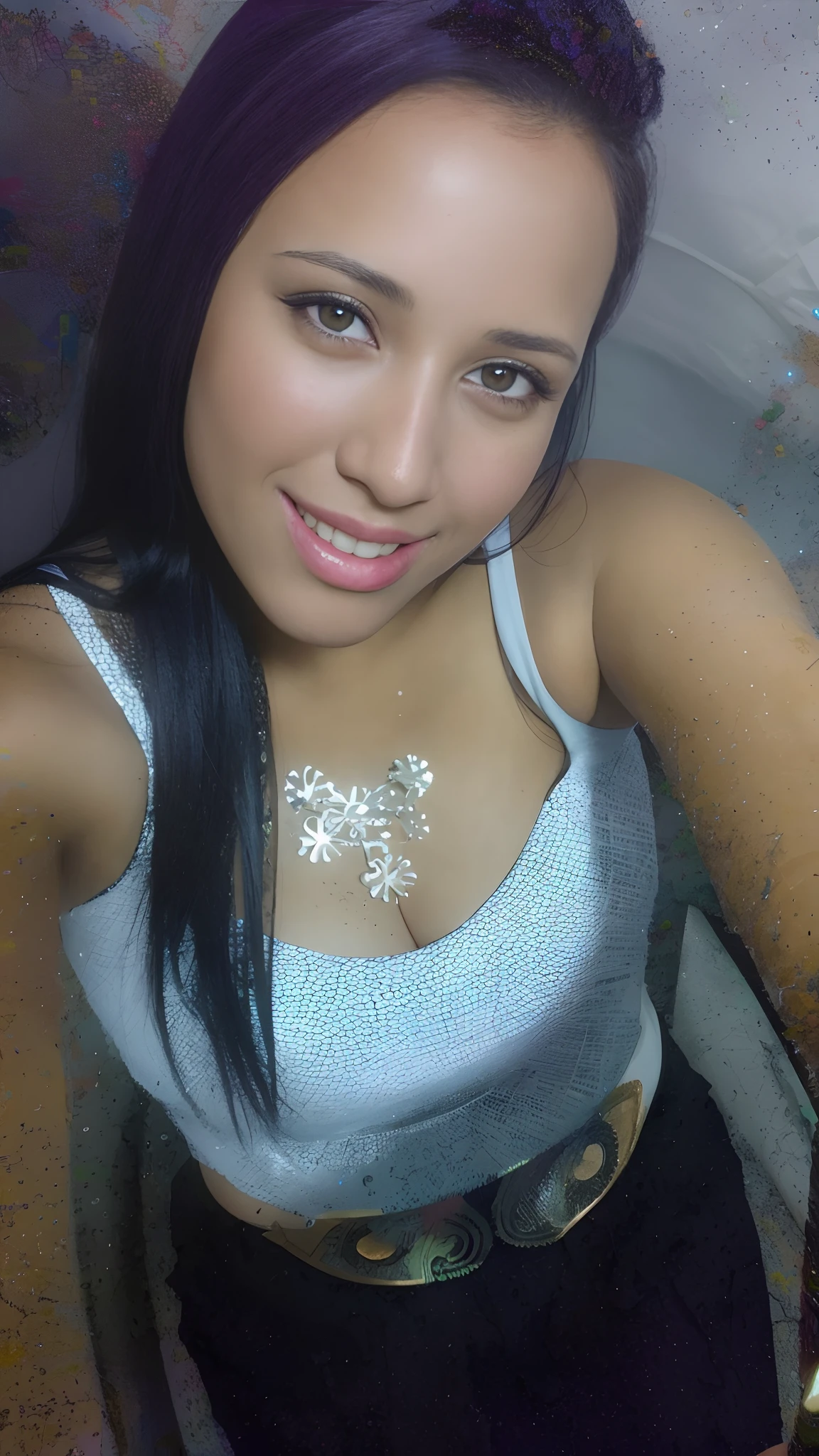 There is a woman in a white top and black skirt posing for a photo, bonitol, lindo rosto latino, Alanis Guillen, mulher mexicana bronzeada bonita, com pele parda, Parece Laura Barriales, bonito, pele bronzeada), olhar bonito, imagem de perfil, foto selfie, com um lindo sorriso, wearing shiny breastplate