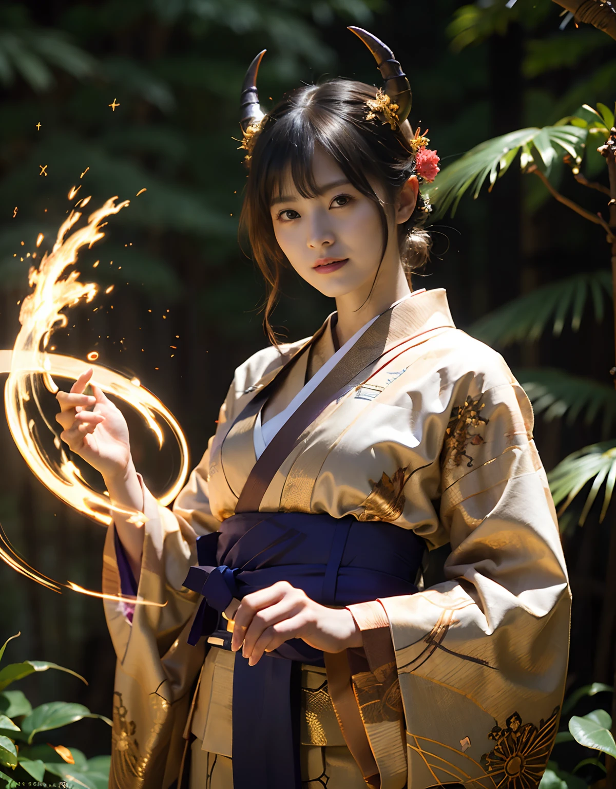 (((masutepiece,))),Professional , ​masterpiece、top-quality、photos realistic , depth of fields 、Raw photo、女の子1a person、glowy skin、（sexypose）、(Black maple on the background of full bloom),（Ultimate Beauty）、A dark-haired、Mystical expression、Light Effects、intense fighting、Wind-effect、ultrasharp、（shrine background)、（Kimono with beautiful pattern）、（Midnight background）、Beautiful hair ornament on the head、,(intense fighting）,（（Precipitous cliffs））,(Wear a beautiful kimono),（Wear a colorful and beautiful kimono）、cleavage of the breast、（Japan Castle Background）、Jewel Gold Weapon、Particles of light),(intense fighting）、Gorgeous gold weapons ,Castle background、（（ Gorgeous Dragon Sword）） , （a dark night）,,（maikurobikini） 、（（Black Haired Beautiful Girl））、（Castle background）、（demonic wings）、（（Gangle's forest background））、Beautiful Caucasian beauty、１a person、dynamic ungle,(((Two devil's horns on the head)))、Smaller head、Idle Smile、Thin and beautiful female hands、Mystical expression、Light Effects、intense fighting、Wind-effect、magic circles、With the legendary magic wand、Dragon's tail、Anatomically correct fingers、Full Body Angle、Anatomically correct number of fingers、