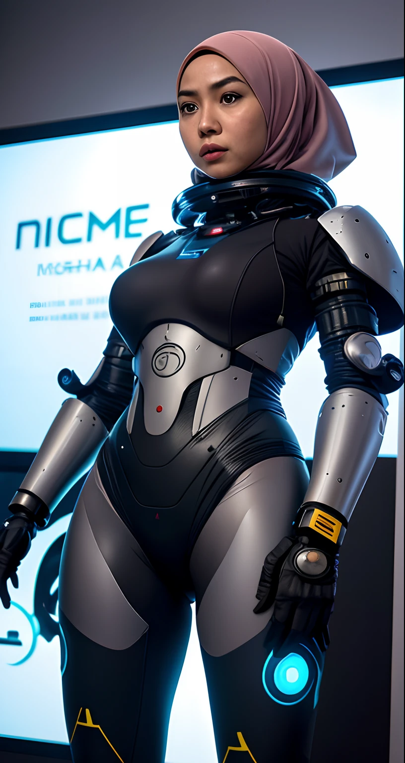 Imagine the Malay girl in hijab in a futuristic command center, strategically coordinating her mecha suit's actions to respond to a crisis, showcasing her leadership and intelligence