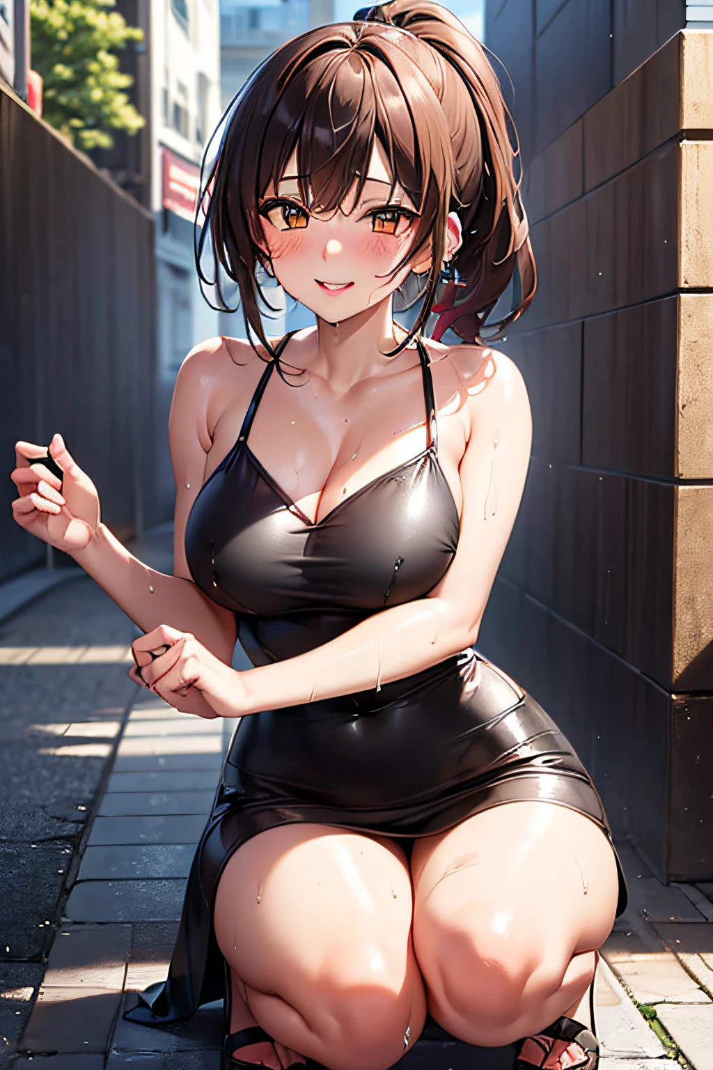 gals,sologirl,Back alley in heavy rain,Drenched bad girl,piercings,gal make,Gal style fashion,(The whole body is soaking wet,Rainwater dripping from the face,Wet face,wetting hair,Wet and glowing skin,Soaking wet costumes,),(Glossy light brown and orange two-tone hair,Short ponytail),(The composition of the princess's face,big eye,Pointed lips,red lipsticks,Cute round face,A smile that makes the viewer happy,blushing with embarrassment,red blush,),(Bold poses),(The 8k quality,masutepiece,top-quality,Ultra-high resolution output image,),intricate detailes,(Highly detailed raw photos:1.3),(Image Mode Ultra HD),crouching down,