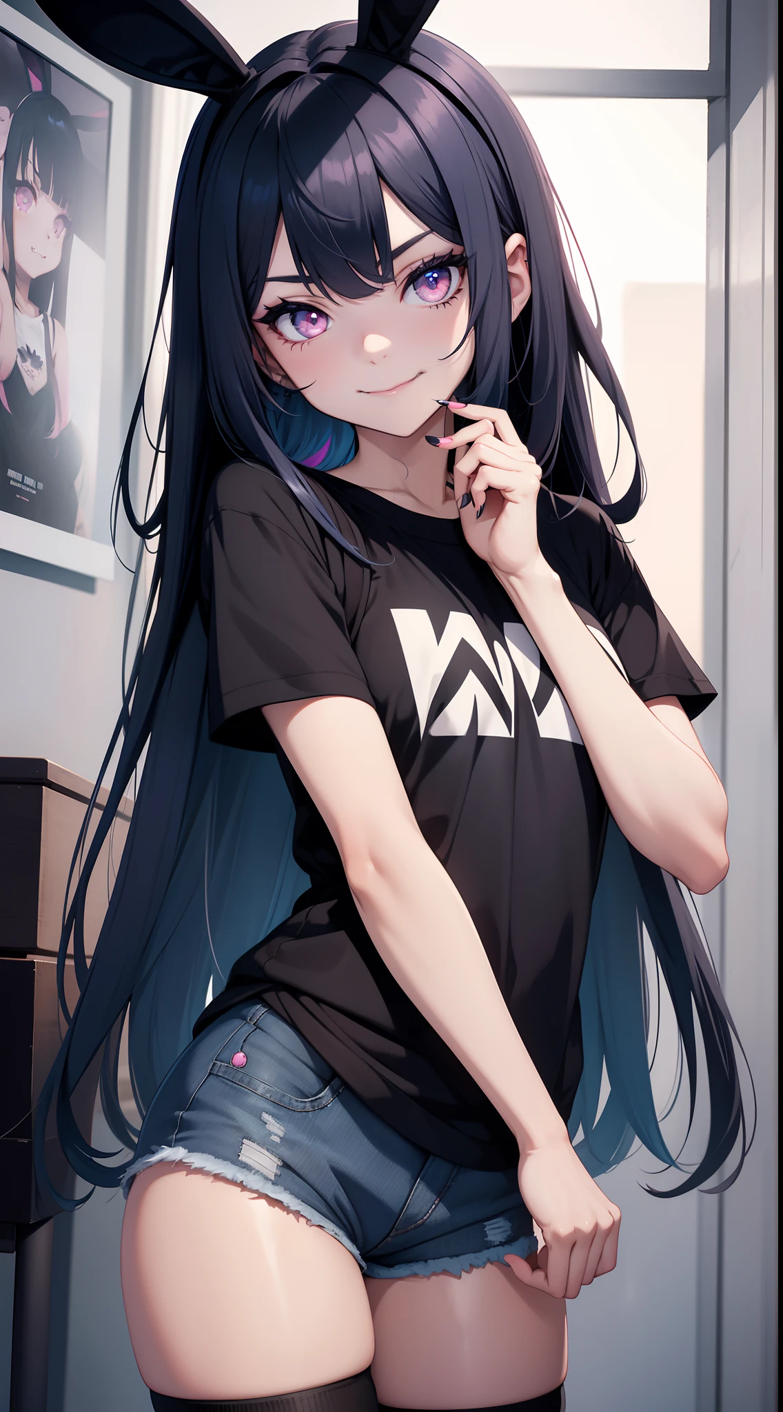 young girl, long dark blue hair, bunny ears, pink eyes, black lipstick, black eye shadow, smirk, tshirt, Short shorts, Masterpiece, hiquality, 4k, HD, Good detail