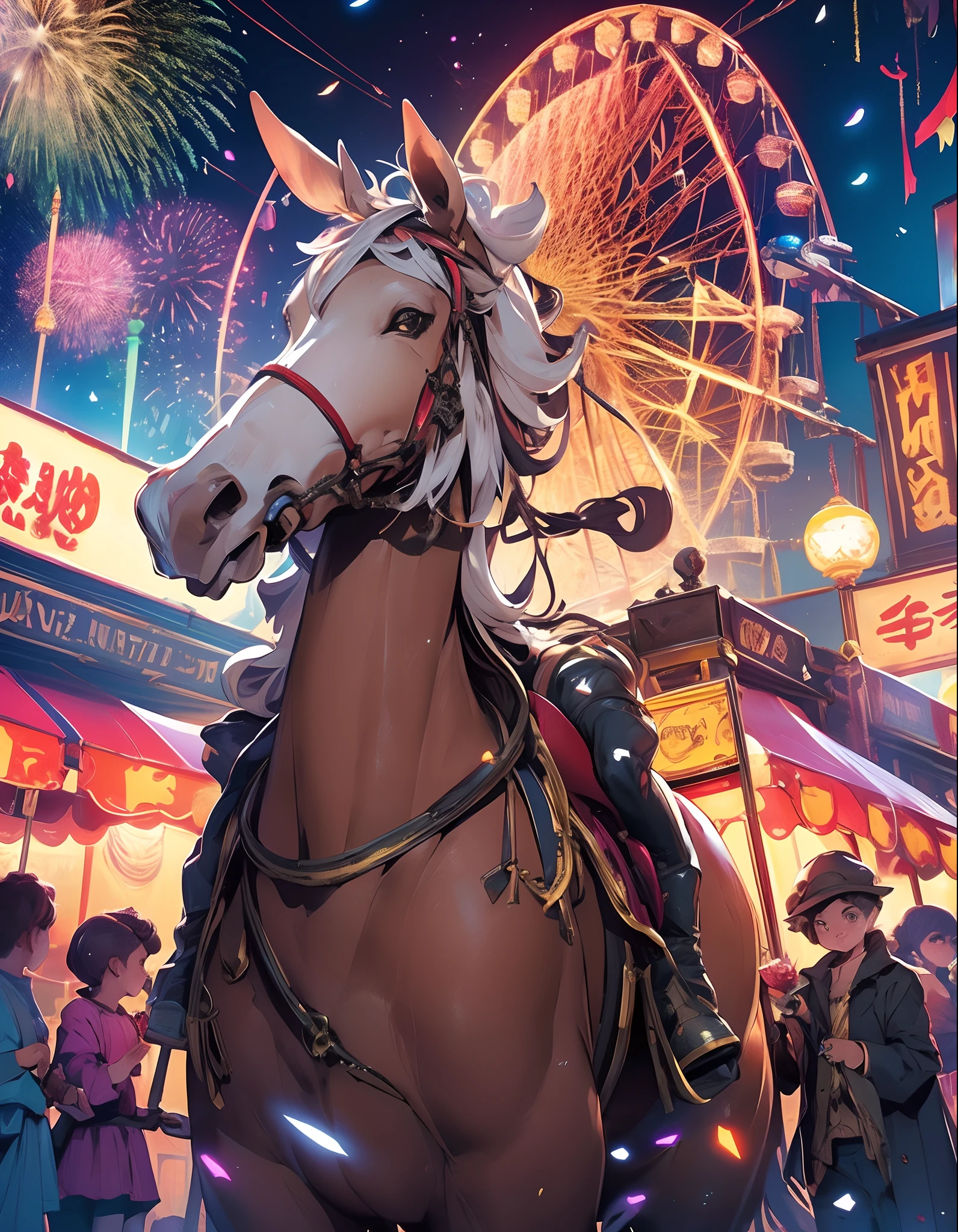 (best quality,4k,8k,highres,masterpiece:1.2),ultra-detailed,(realistic,photorealistic,photo-realistic:1.37),robot carnival,joyful atmosphere,whimsical cityscape,vibrant colors,motion blur,shiny metal textures,reflective surfaces,glimmering lights,ornate decorations,carousel with robotic animals,robots playing instruments,dancing robot ballerinas,ferris wheel with illuminated cabins,happy children in awe,rides spinning and twirling,spectacular fireworks in the night sky,lively music and laughter,enchanting atmosphere,sparkling confetti.