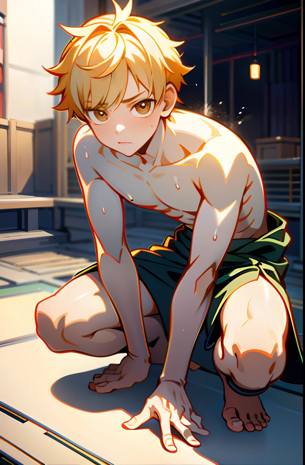 masterpiece, best quality, high quality,  1boy,, , duo, male focus, full body, looking at viewer, light yellow hair, brown eye,spiky hairstyle, short hair, steam smork, japan style,  anime coloring, shy, home muji style, detailed face, topless, white towel on waist,white silk, outdoor, sweat, open legs, kissing