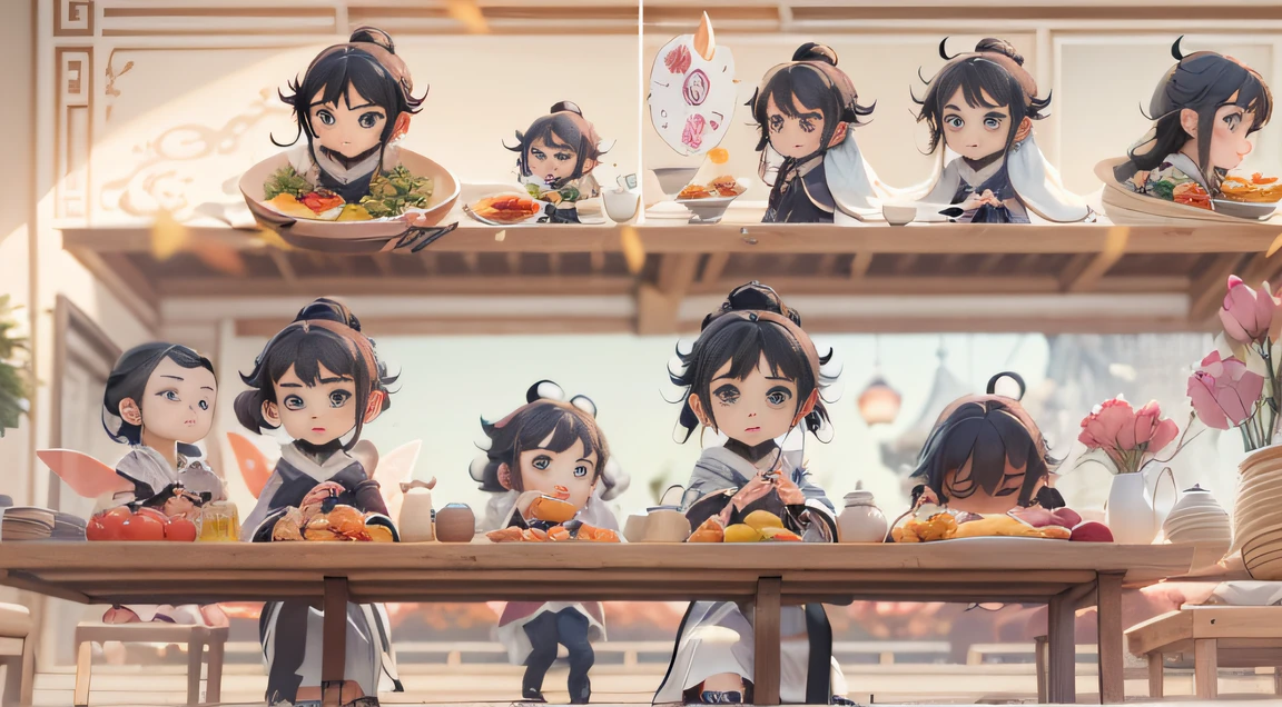 Disney Comics storyboard style,Soundtrack cartoon,Taoist fairy,Huangshan Ren 1:0.8,Delicate black hair,Arm carving,Delicate gradient shoes,Beautiful eyes,Delicate black hair,Popmart blind box,Clay texture,Treading on the ground,Black gold marble background,natural lightting,The large round table is filled with delicacies, grilling skewers, Stewed pork, Braised pork, Fried fish with garlic, Roasted suckling pig, Scrambled eggs with tomatoes, Grim,BBQ,Have an appetite,Delicate characters,Black colored eyes,Black color hair,ssmile,having fun,Exquisite ornaments,Beautiful picture quality,Artistic sense,large scene,Sense of lens,Light effect, Gluttony, A mouthful full of oil, Wonton cloak,Best quality at best,Hyper-detailing,arte 3D,C4D, OC renderer, a 3D render, 8K,45 degree viewing angle,Multiple expressions,Contemplative,Pondering,doubt,Confused,Startled,expecting,anime big breast,(((Soundtrack cartoon)))(Soundtrack cartoon)
