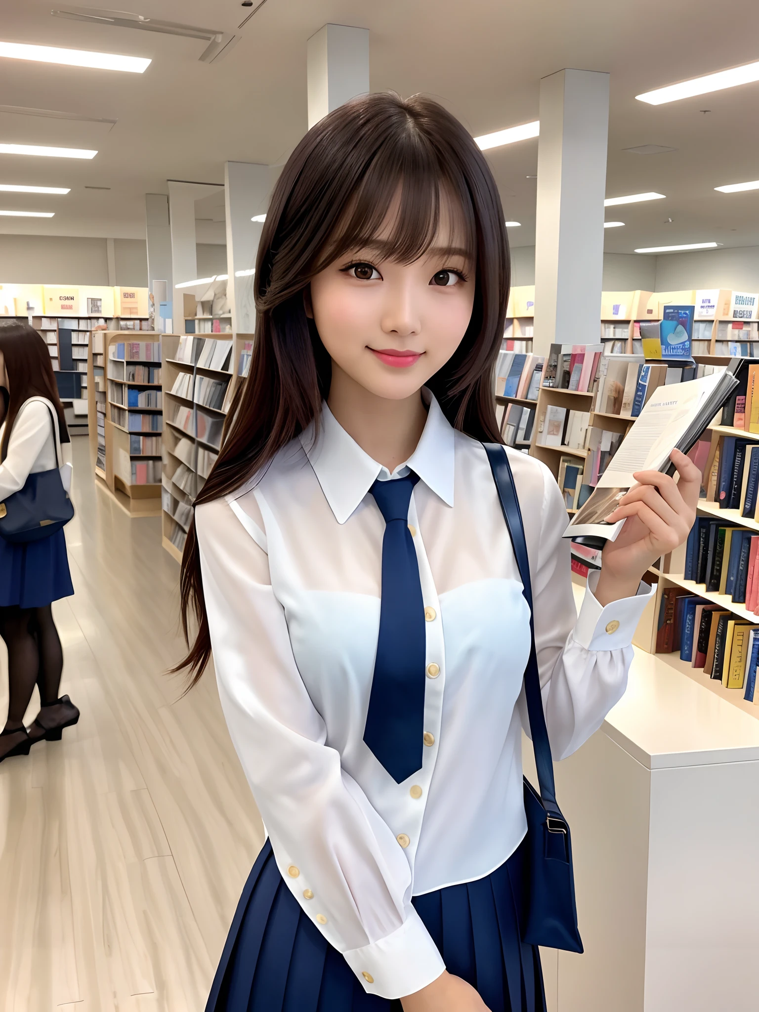 product quality, 1girl, upper body shot, front view, a Japanese young pretty woman, long bob hair, standing in a crowded book store in the evening, having a book with a big smile, beautiful sunset, glamorous figure, wearing a long sleeves white collared silky satin shirt with shiny satin dark blue plain tie, wearing a dark blue pleated long skirt, carrying one tote bag over her shoulder, hyper cute face, glossy lips, double eyelids in both eyes, natural makeup, long eyelashes, shiny smooth light brown long bob hair, asymmetrical bangs, a tanned skin, central image, high resolution, high detail, detailed hairstyle, detailed face, spectacular cinematic lighting, octane rendering, vibrant, hyper realistic, perfect limbs, perfect anatomy