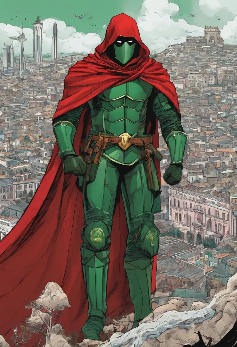 An highly detailed image of a Portuguese superhero dressed in a dark red and dark green armor suit, with a black cape and hood covering his face. He has a shield on his chest, with the quinas and castles of Portugal. He is on top of a red motorcycle, Lisbon, at night, surrounded by criminals and villains
