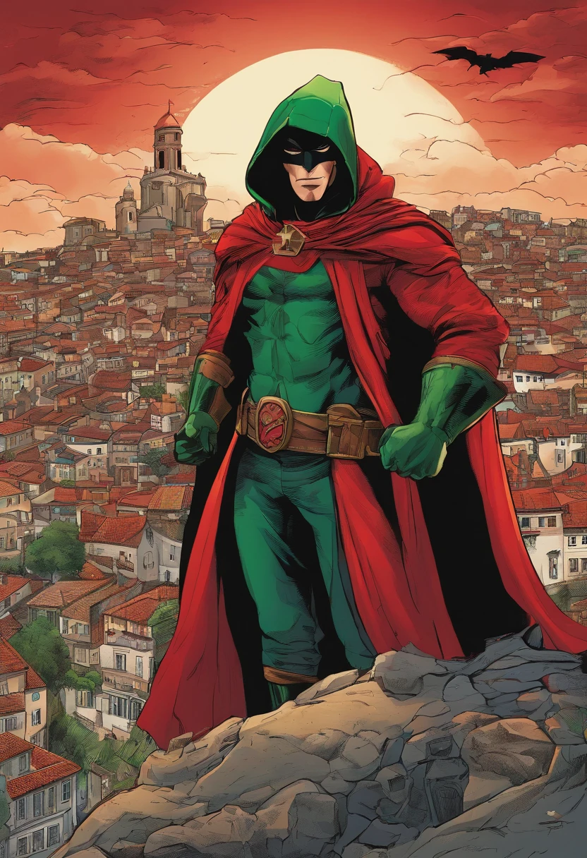 An highly detailed image of a Portuguese superhero dressed in a dark red and dark green armor suit, with a black cape and hood covering his face. He has a shield on his chest, with the quinas and castles of Portugal. He is on top of a red motorcycle, Lisbon, at night, surrounded by criminals and villains