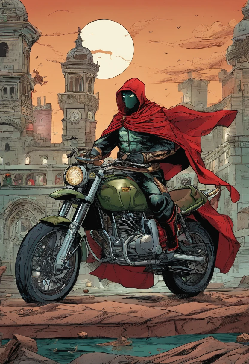 An highly detailed image of a Portuguese superhero dressed in a dark red and dark green armor suit, with a black cape and hood covering his face. He has a shield on his chest, with the quinas and castles of Portugal. He is on top of a red motorcycle, Lisbon, at night, surrounded by criminals and villains