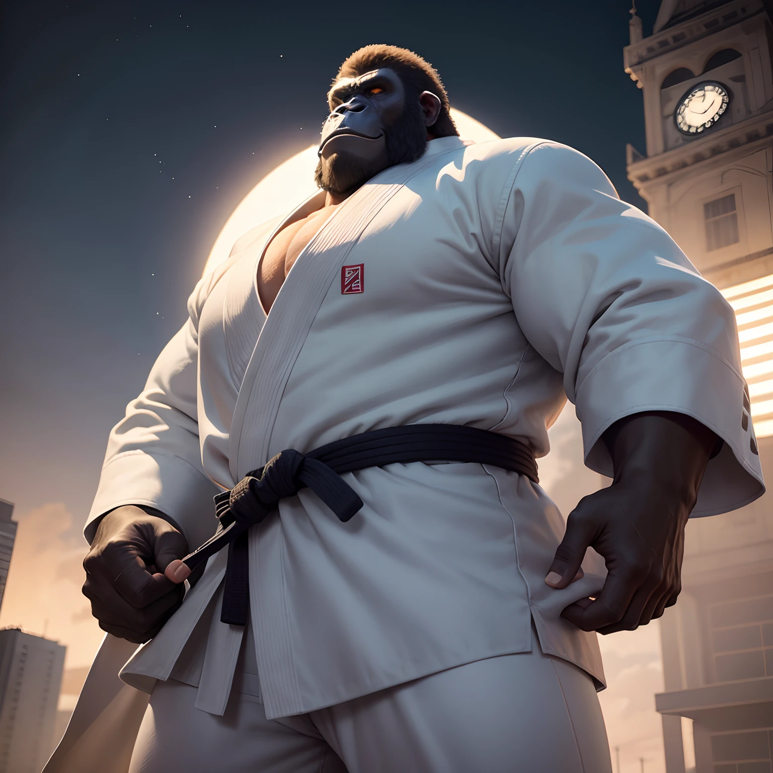 White judo suit、A gorilla with a size of 50m　The obi of the judogi is black　Climb to the top of the tower and shout　fullllbody　Moonlit night and city background　Judogi has a thick texture　​masterpiece