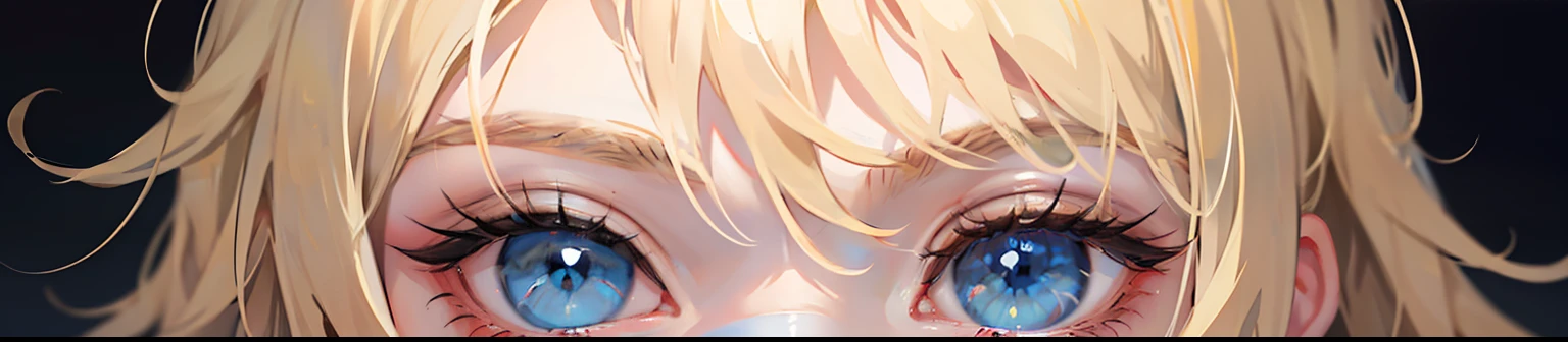 1boy, boy, Eyes only, Drawing the eyes, focus on eyes, blue eyes, neon eyes, bright green eyes, blond eyelashes, blond eyebrows, thin eyebrows, wide eyes, Blond bangs, blond hair, short hair, fluffy hair, curly hair, It's nothing, except for the eyes, eyes focus, in dark, mikaela hyakuya