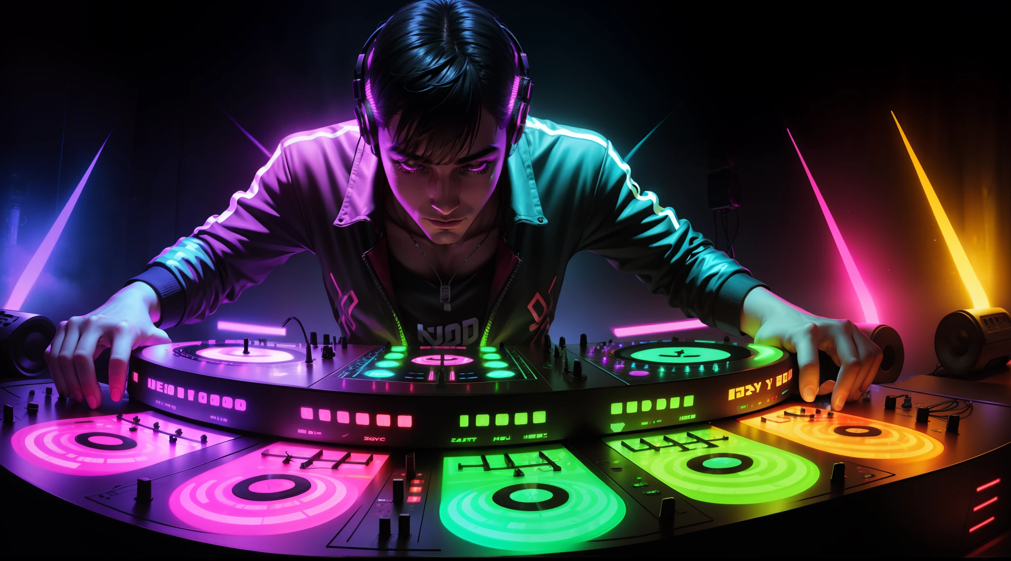 Detalhado DJ Boy DJ Controller com Neon, Super vibrant music lights.