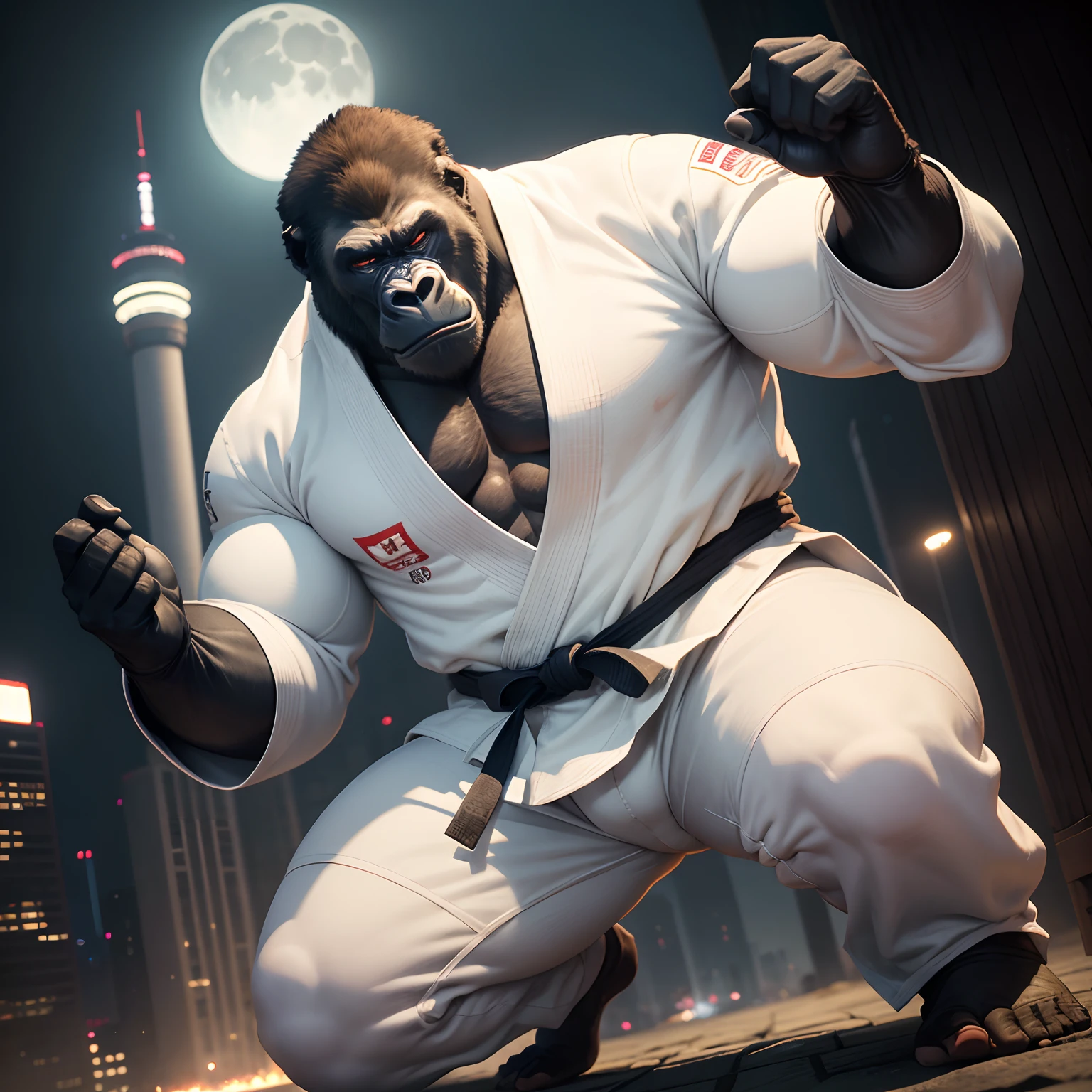 White judo suit、A gorilla with a size of 50m　The obi of the judogi is black　Climb to the top of the tower and shout　fullllbody　Moonlit night and city background　Judogi has a thick texture　​masterpiece