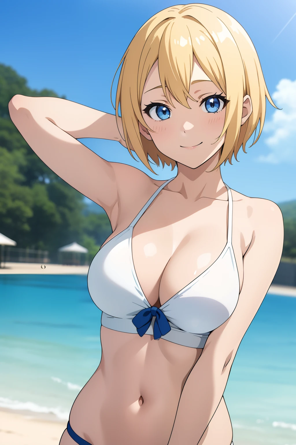swim wears、hposing Gravure Idol、blonde  hair、(masutepiece, Best Quality,) anime screen cap, 1girl in, 
Short hair, Blue eyes, Large breasts, Smile, 
depth of fields,