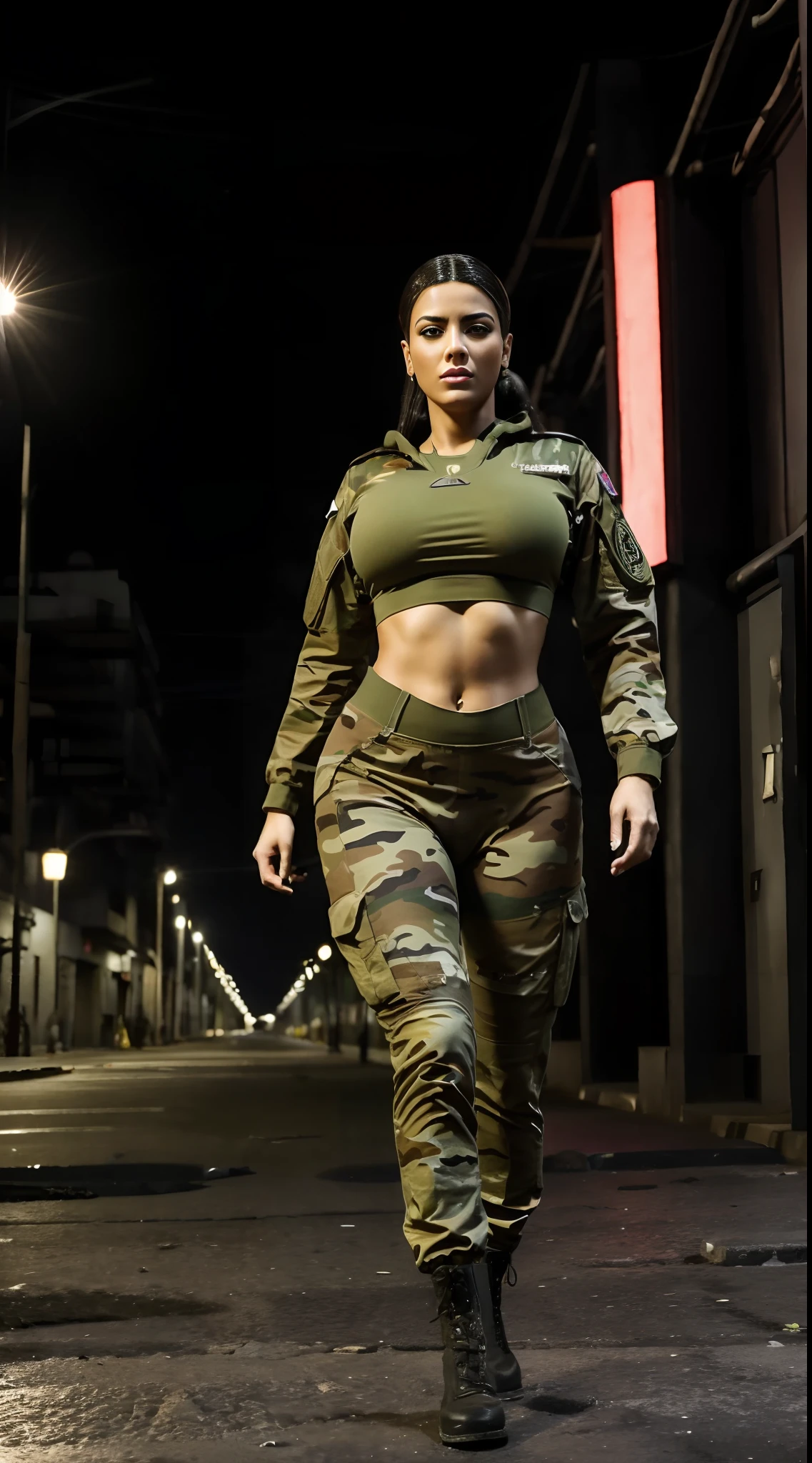 Physically-based rendering, 1girl, soldado feminino, (seios falsos enormes:1.2), corpo musculoso sexy, cintura fina, oversized buttocks, (corpo inteiro:1.5), Skintight Army Camouflaged Crop Top, (vestindo uniforme militar vermelho). Em uma cidade cyberpunk movimentada com sinais de neon, Noite