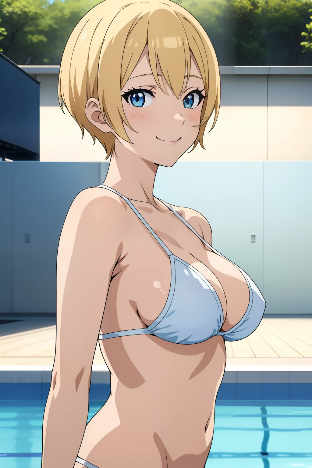 swim wears、hposing Gravure Idol、blonde  hair、(masutepiece, Best Quality,) anime screen cap, 1girl in, 
Short hair, Blue eyes, Large breasts, Smile, 
depth of fields,