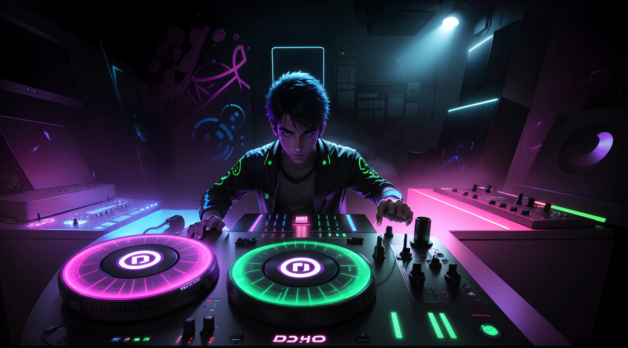 Detalhado DJ Boy DJ Controller com Neon, Super vibrant music lights.
