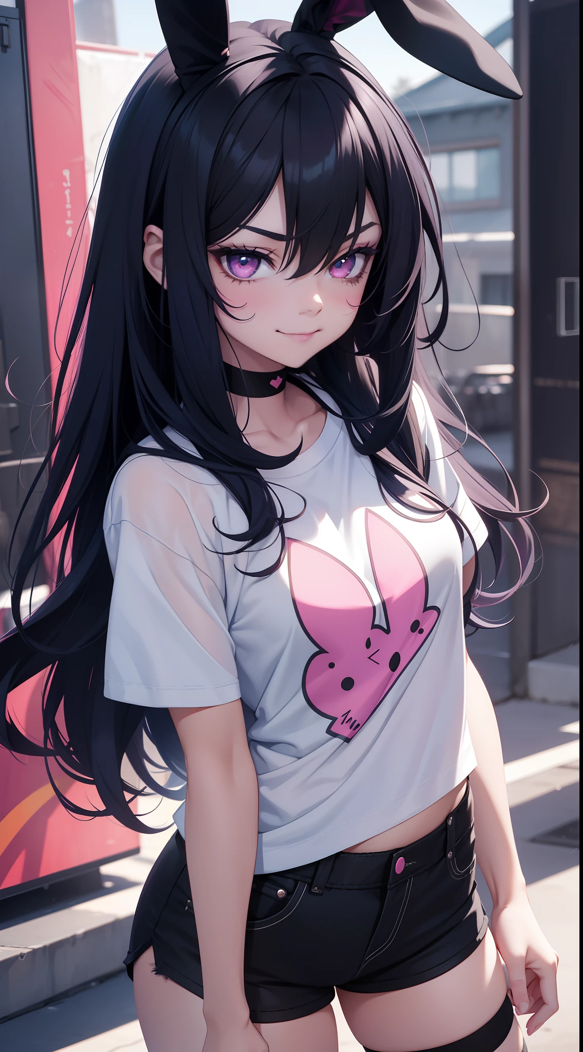 1girl,solo,,looking at viewer,tokisaki kurumi,black hair,hair over one eye,very long hair,,red eyes,,low twintails,,spoken heart,6yo,(***ite),flat chest,grin,outdoor,camisole,denim shorts,socks,(nsfw)