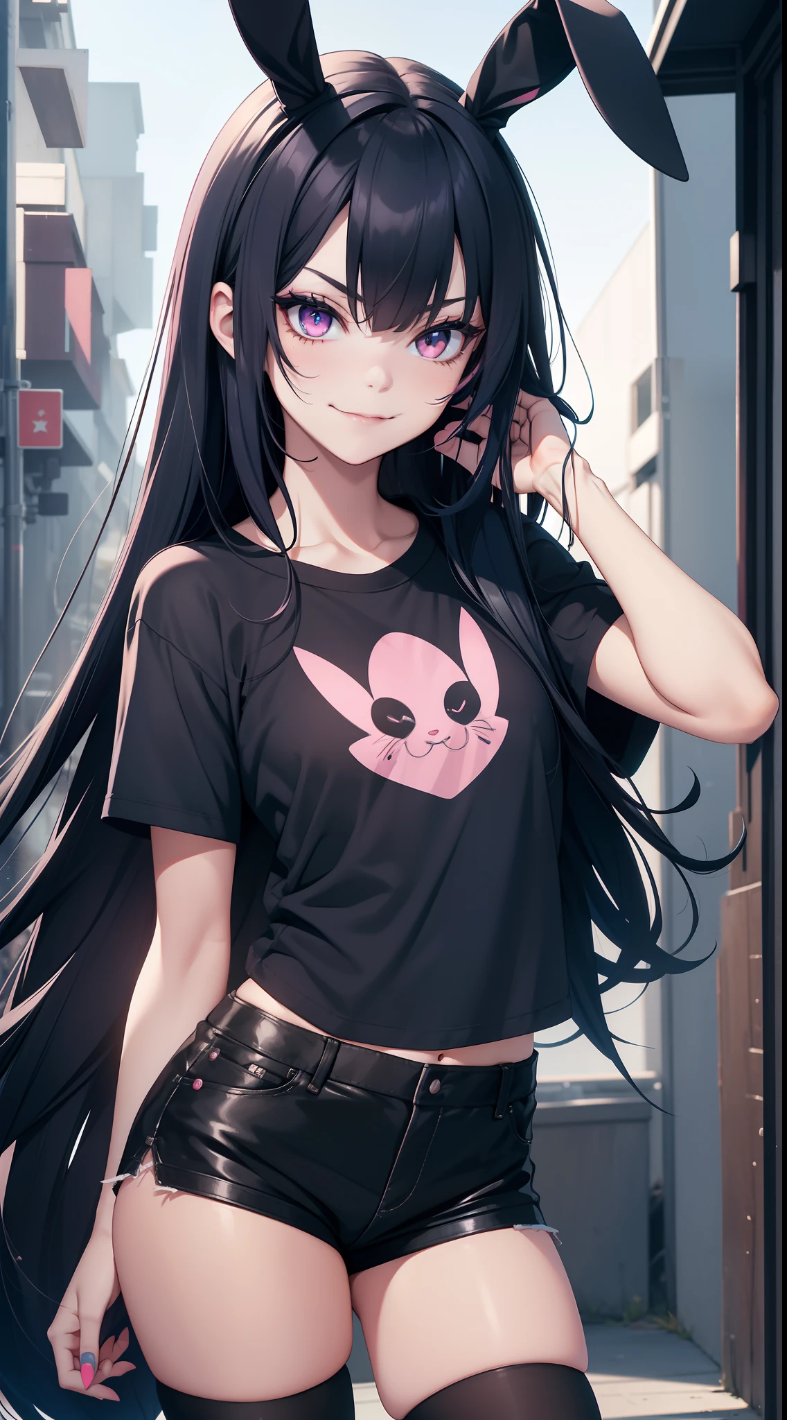 young girl, long dark blue hair, bunny ears, pink eyes, black lipstick, black eye shadow, smirk, tshirt, Short shorts, Masterpiece, hiquality, 4k, HD, Good detail