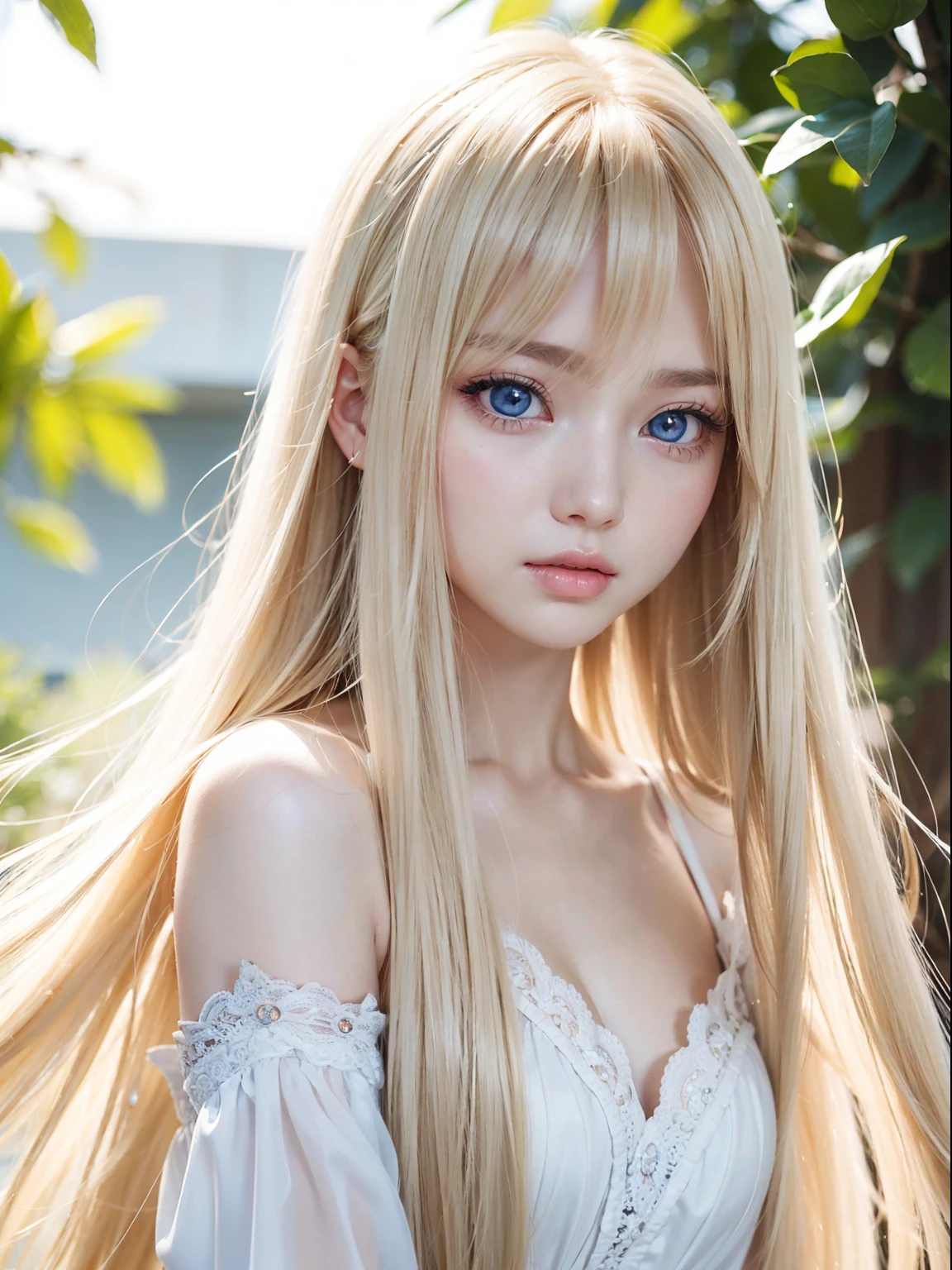 Beautiful cute face girl、Very beautiful blonde hair、Super long silky straight hair with dazzling shine、Beautiful long bangs、Beautiful hair fluttering in front of the face、Round face、Glowing pale light blue eyes、big eye、Double eyelids、eye liner、Pure white beautiful skin、gloss of young cheeks、bright expression、Expression in love