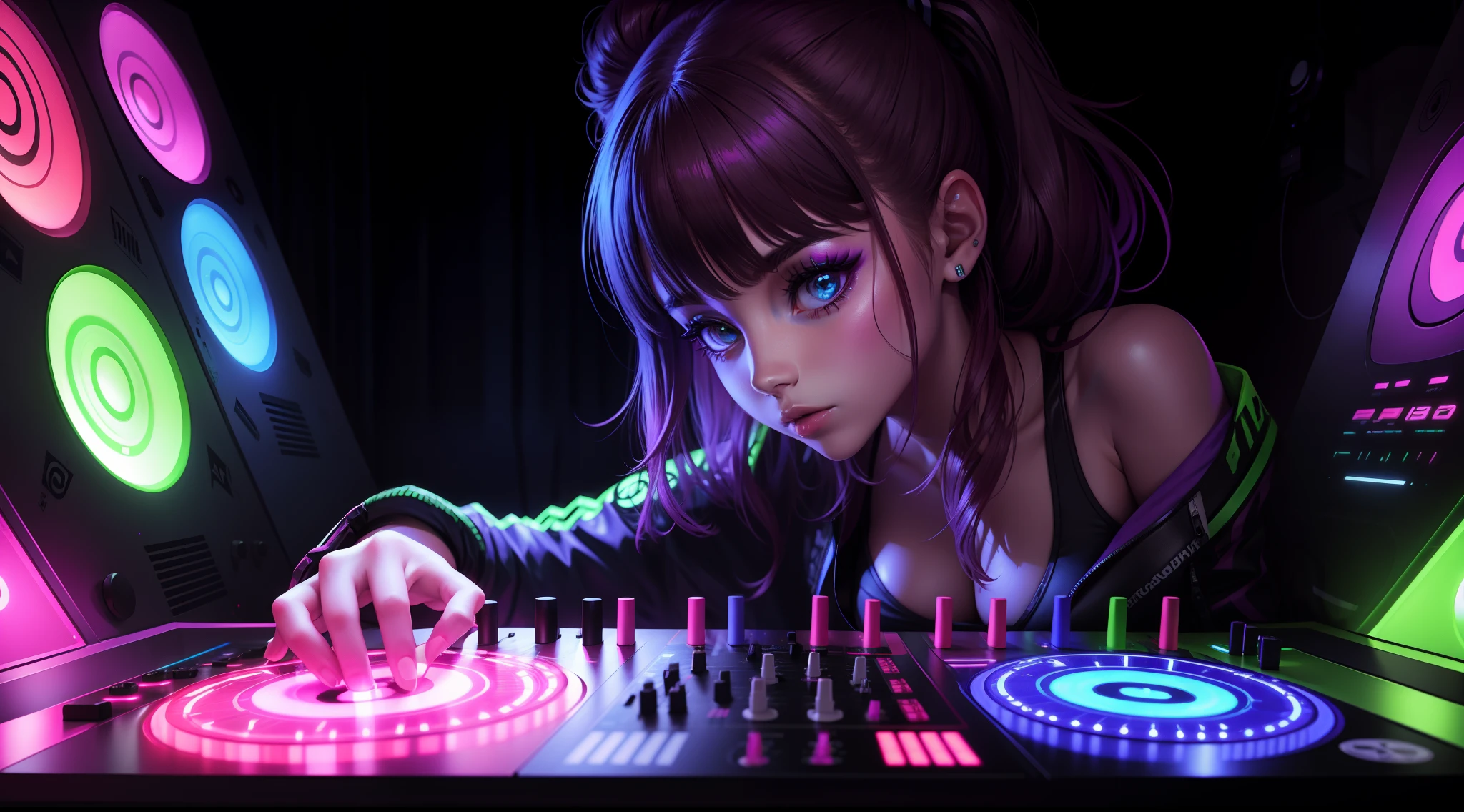 Detalhado DJ girl DJ Controller com Neon, Super vibrant music lights.