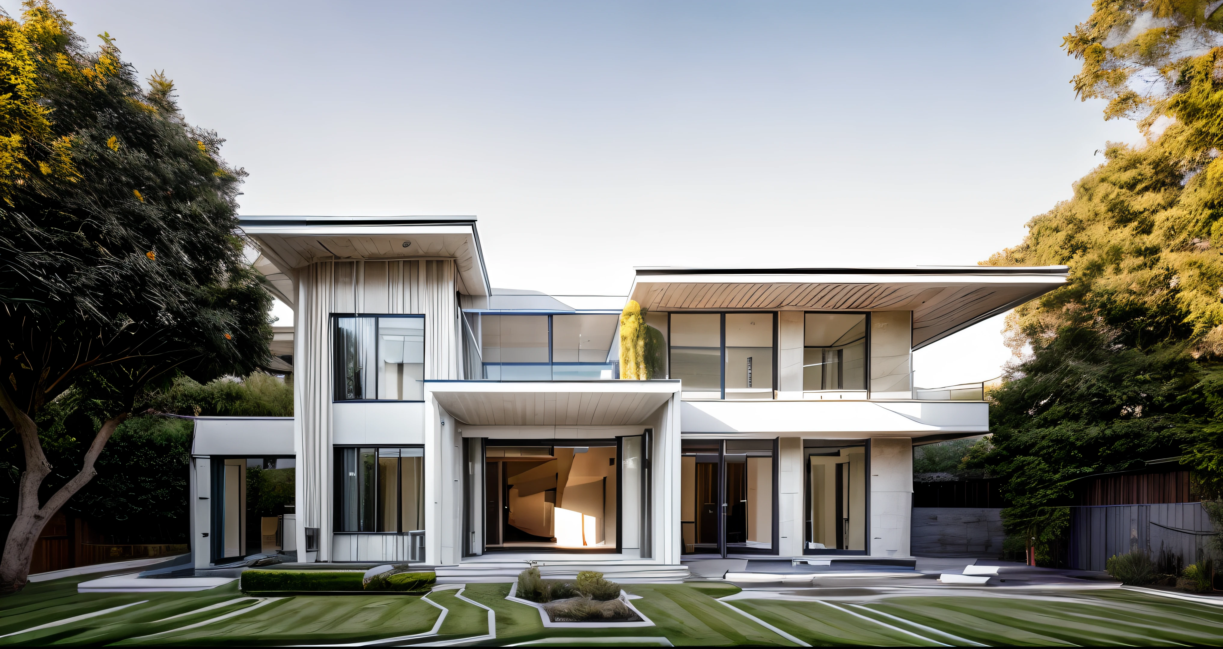 RAW photo,Masterpiece, high quality, best quality, authentic, super detail,
exterior, house style modern on the garden with white wall, glass windows, glass doors,stains, balcony, railing glass
clean line,modernism,Realistic reflexes,realistic light, beautiful summer sky, trees, grass
(day:1.1), vivid colour, vray