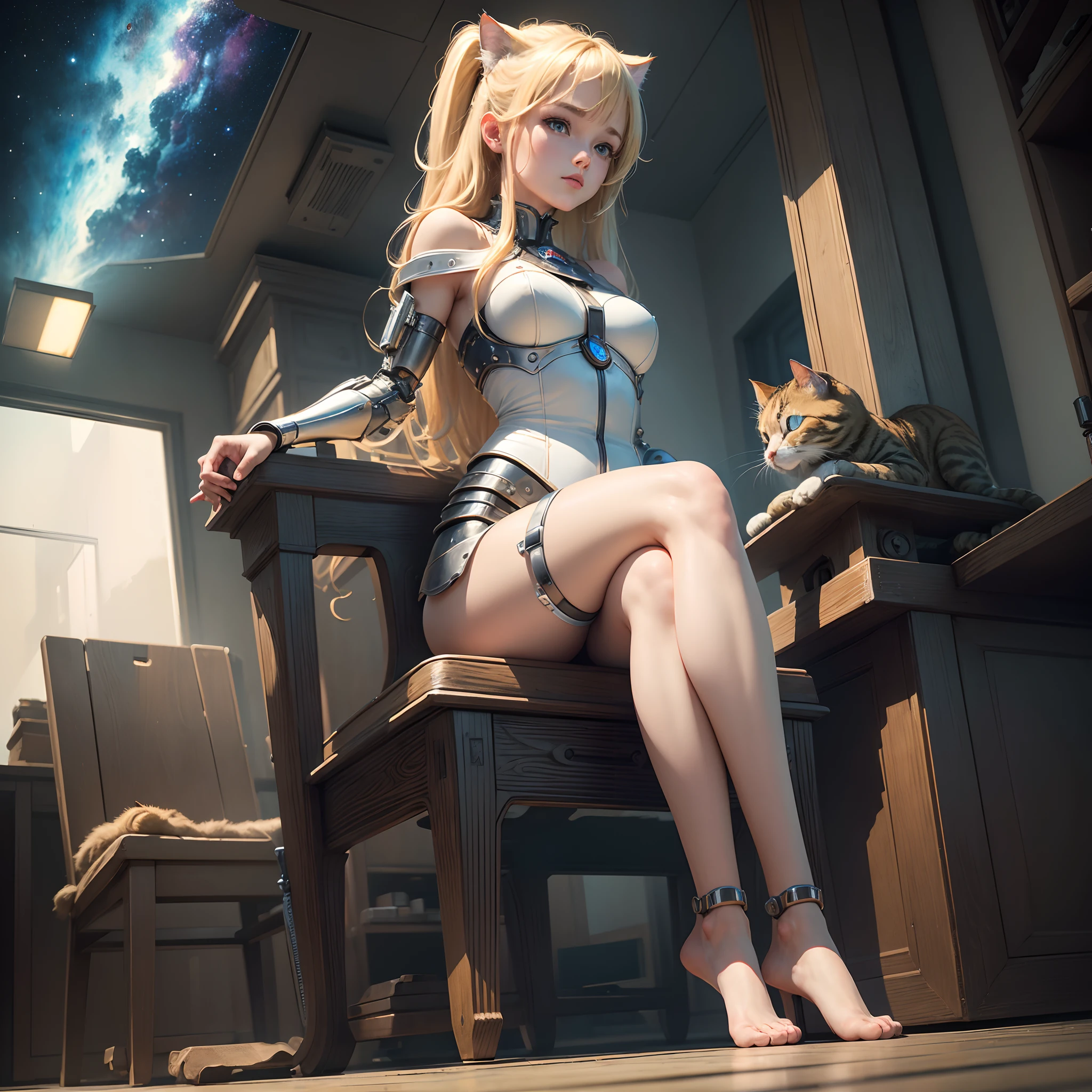 ((masterpiece))、((8k))、((ultra best quality))、1womanl、a blond、Cat-like eyes、(Beautiful fece)、Sitting on a chair、(Mechanized limbs)、cosmic space、large grassland、ultra wide-angle