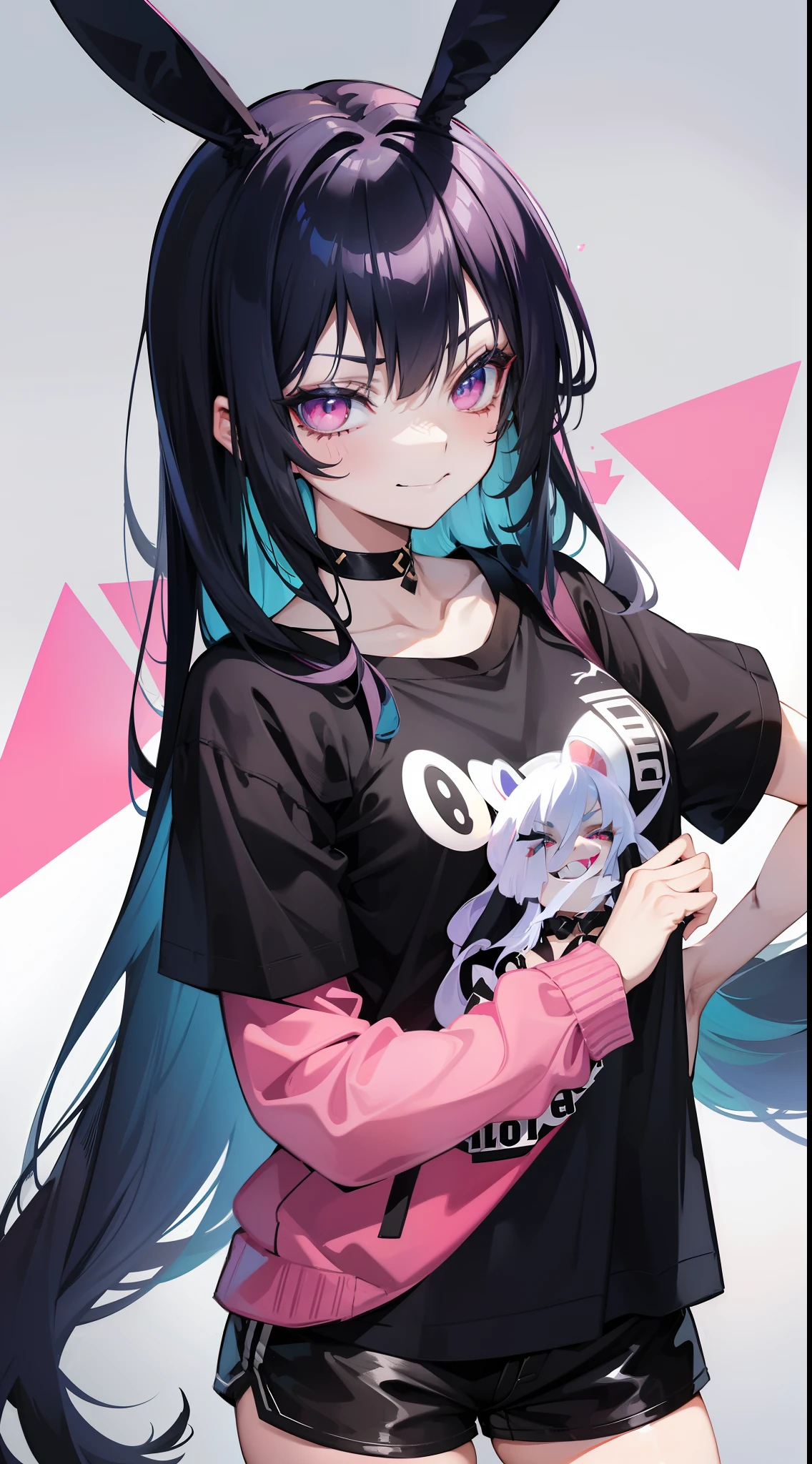 young girl, long dark blue hair, bunny ears, pink eyes, black lipstick, black eye shadow, smirk, tshirt, Short shorts, Masterpiece, hiquality, 4k, HD, Good detail