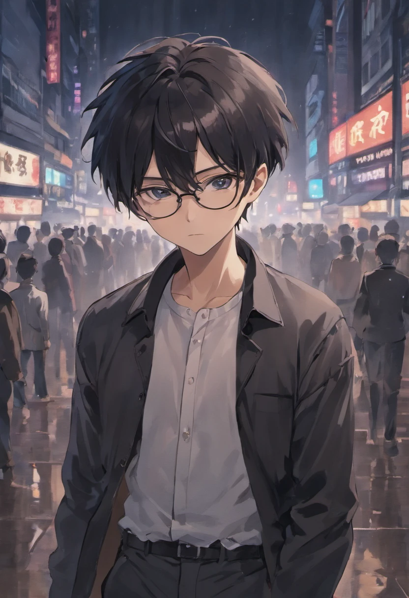 sexy man. with glasses.black hair. white shirt. and black jeans.tied hair. at night. slim. rainy weather.