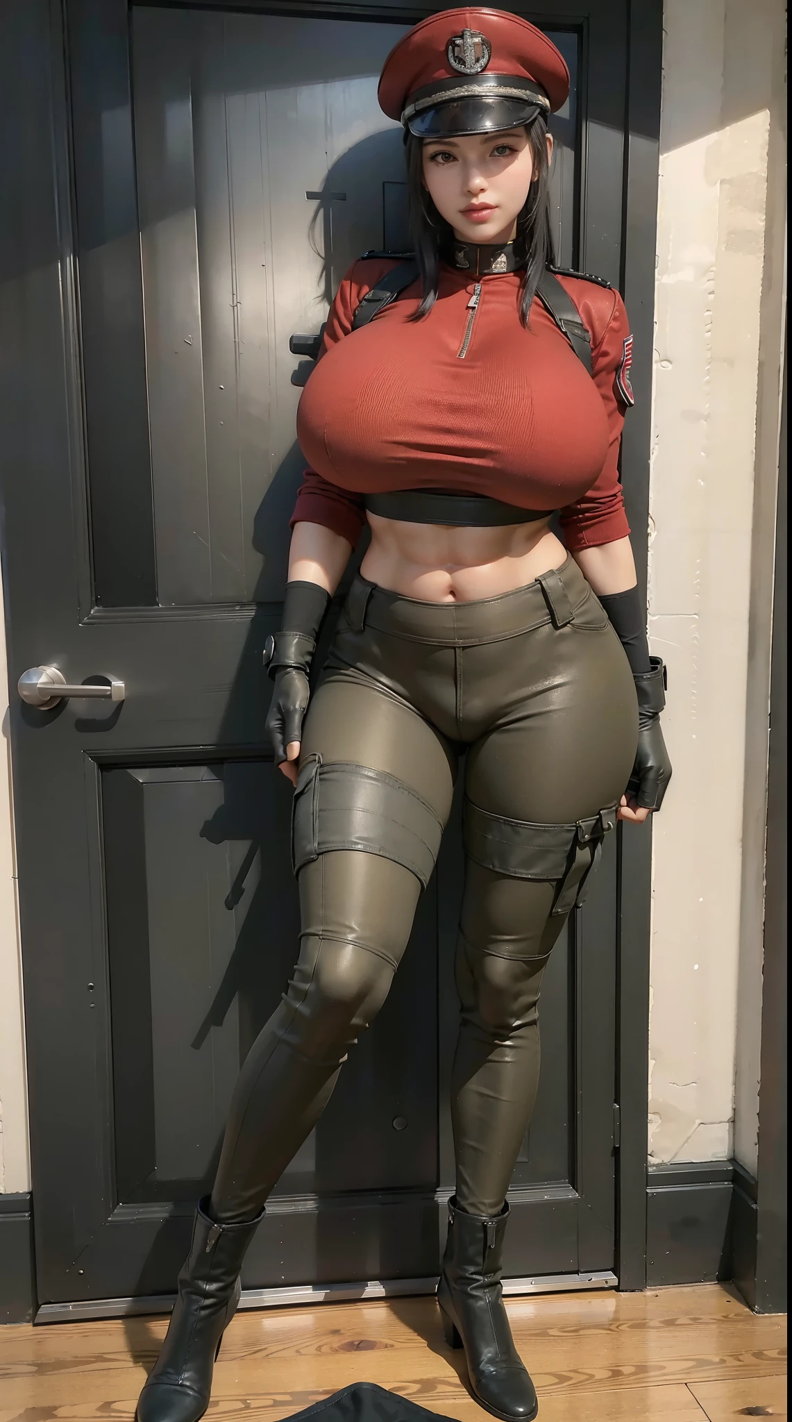 physically-based rendering, 1girl, Female soldier, (huge fake breasts:1.2), sexy muscular body, slim waist, big buttocks, (Full body:1.3), skintight army crop top, skintight army pants, (wearing open Red military uniform).